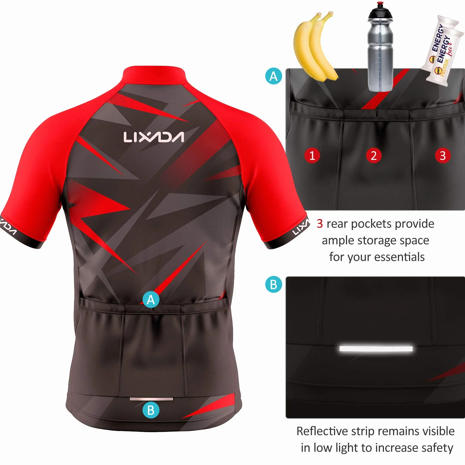 Lixada - Camiseta de ciclismo de manga corta para hombre, transpirable, manga corta, acolchada, para ciclismo, deportes al aire libre
