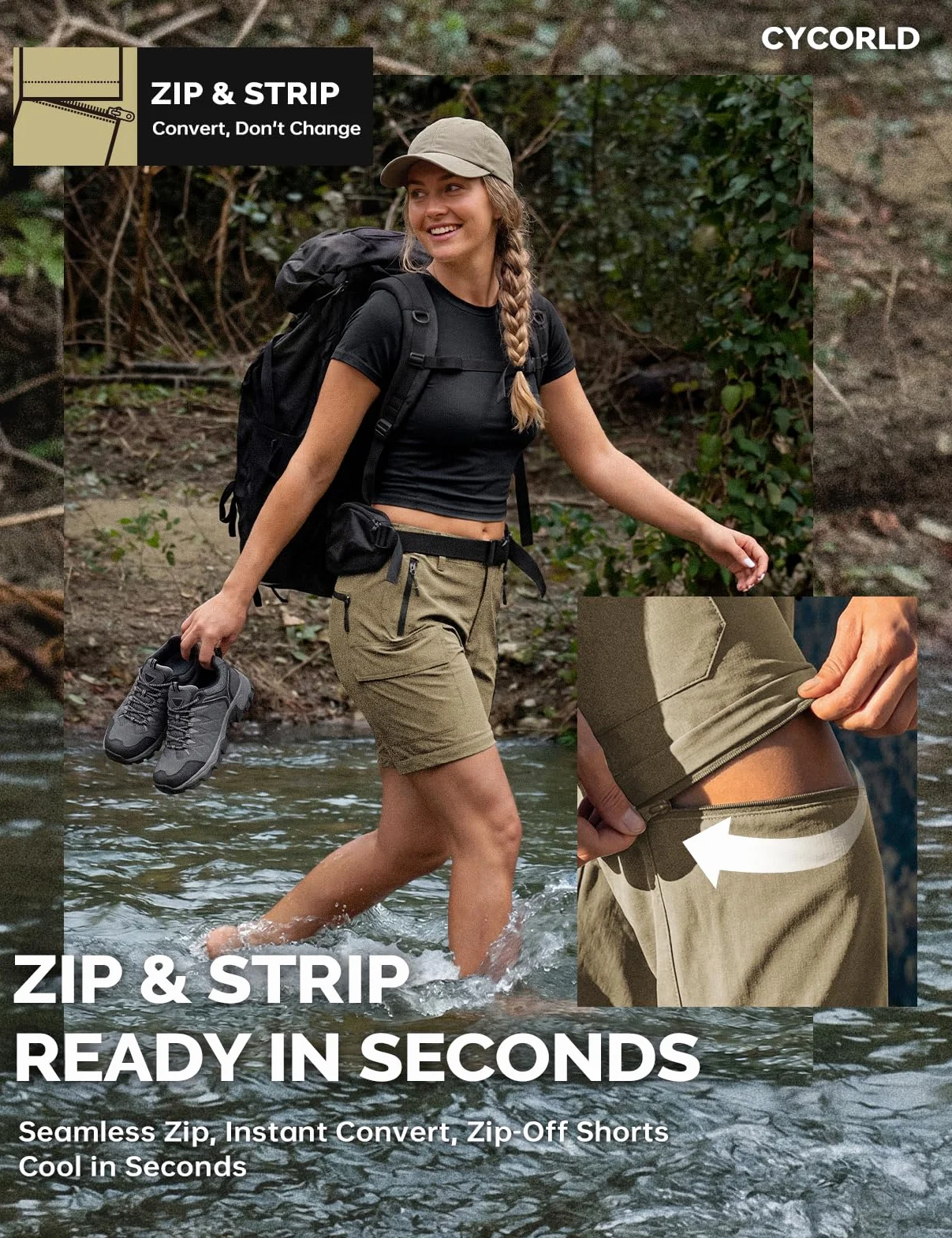 Cycorld Pantalones de senderismo para mujer, pantalones de trekking, transpirables, elásticos, pantalones de trekking desmontables, con cremallera, para verano, pantalones funcionale
