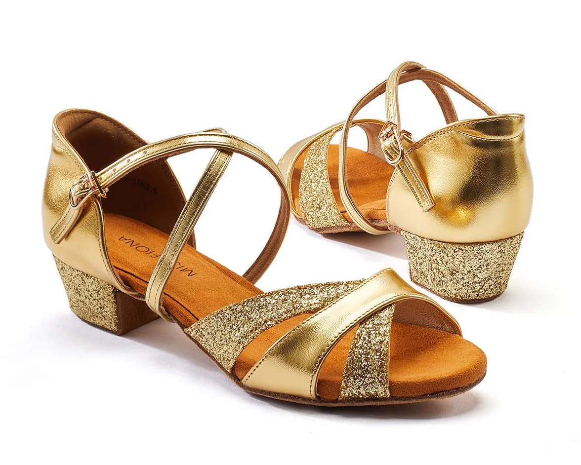 missfiona Zapatos de Baile de Salón para Niñas, Calzado de Danza Latina con Purpurina para Niños/Mujer, 3.5 cm
