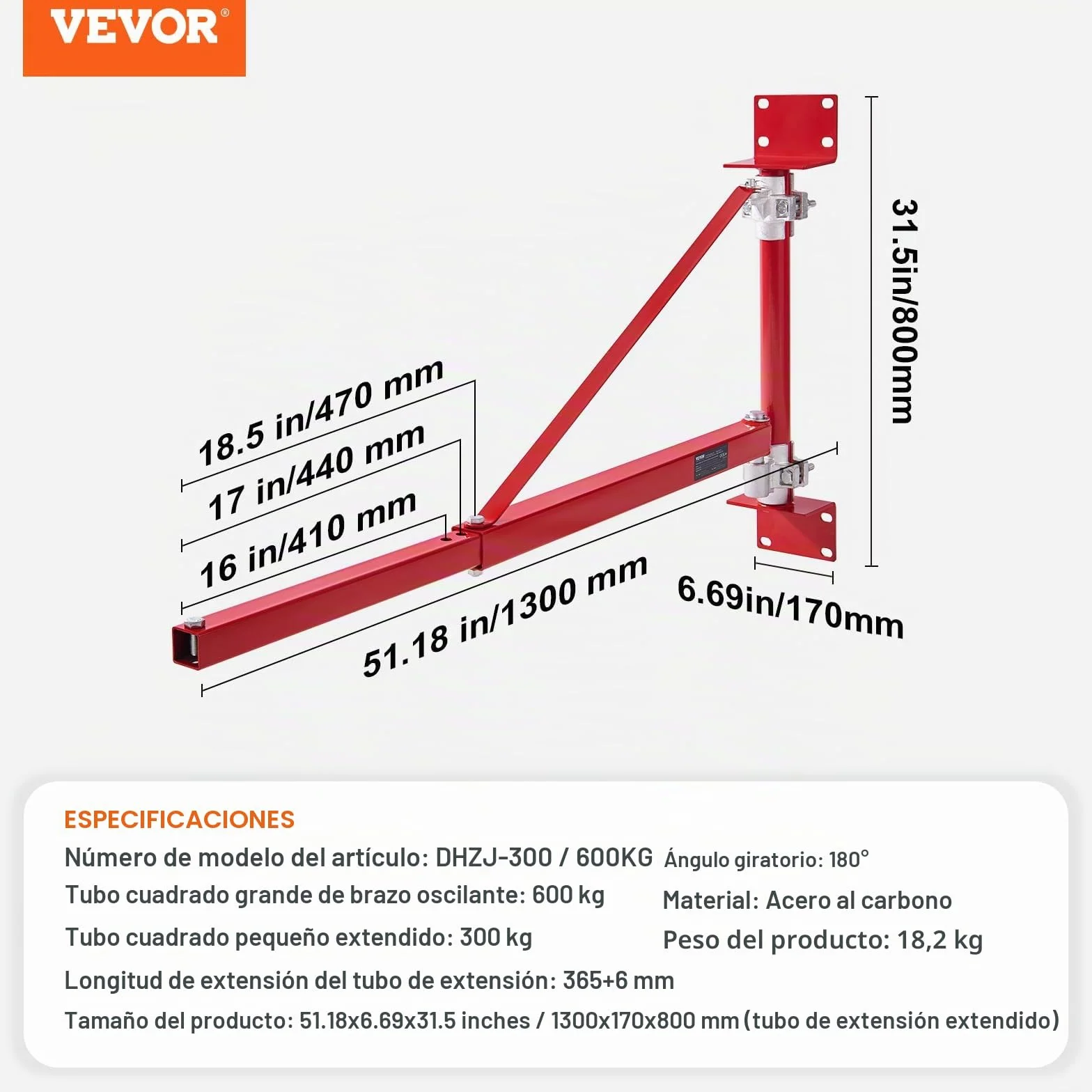 VEVOR Brazo de Soporte de Polipasto Eléctrico, 600KG, Carga Máxima, Brazo Oscilante con Poste, Acero