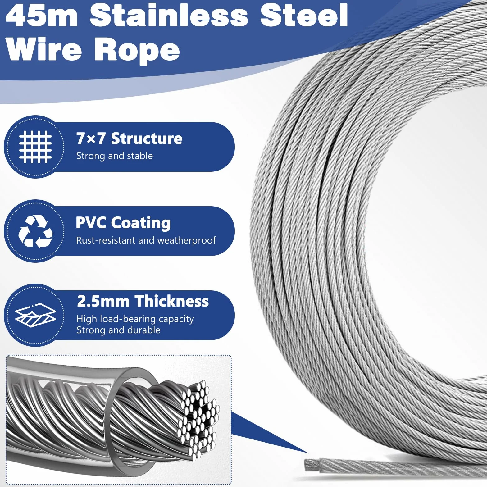 Cable de Acero Inoxidable recubierto de PVC 2,5mm 45M con Tensor Ojales