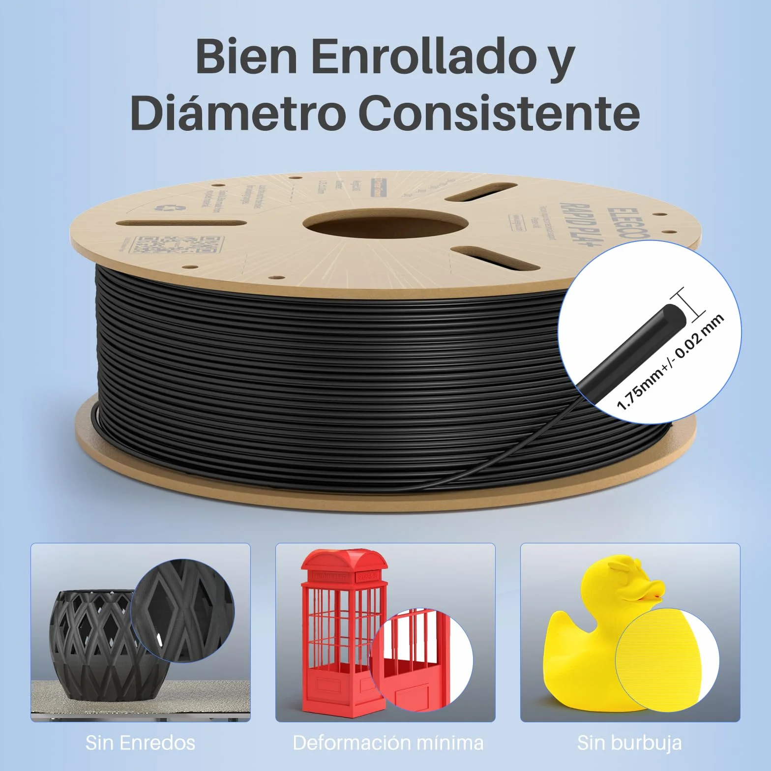 ELEGOO Filamento PLA+ Alta Velocidad 1.75mm 1KG Negro, 30-600mm/s, Precisión Dimensional +/- 0.02mm
