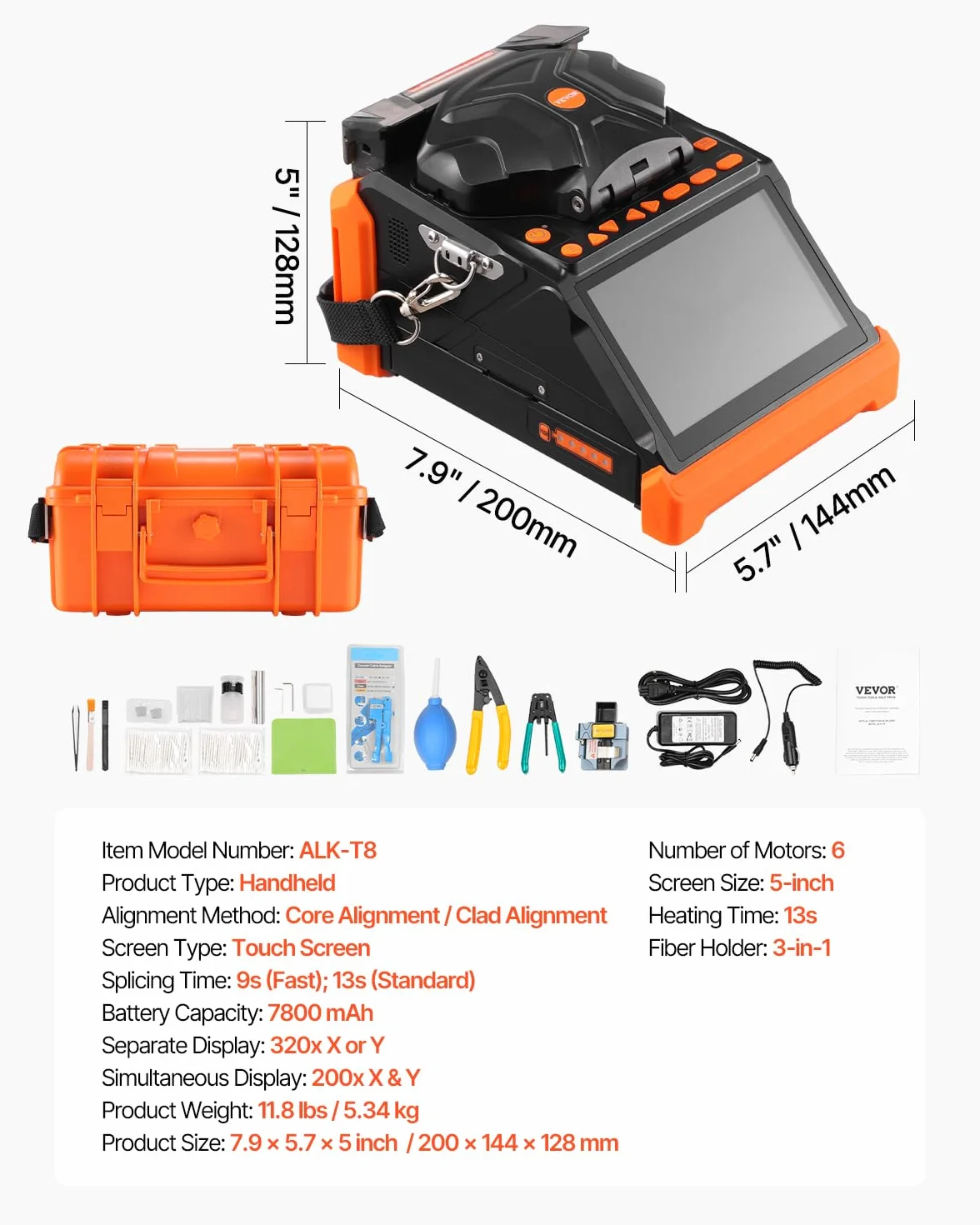 VEVOR Empalmador de Fibra Óptica 6 Motores, Alineación Núcleo Revestimiento, 6 s, Calentamiento 13 s, Pantalla Táctil 128 mm, Batería 7800 mAh