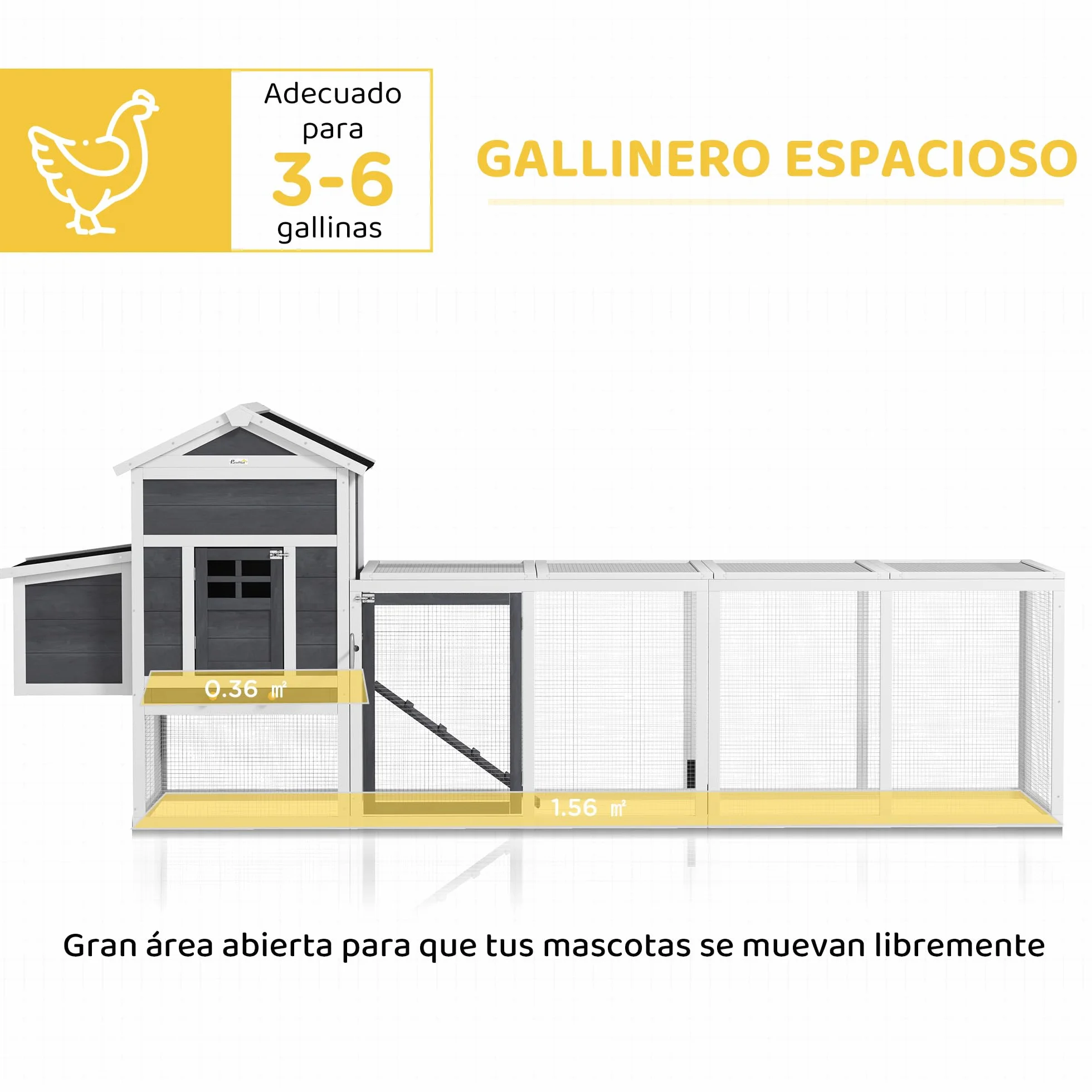 PawHut Gallinero Exterior Madera Grande 297,5x68x118 cm para 3-6 Gallinas con Nido Corral Bandeja Extraíble Techo Asfáltico Gris Blanco