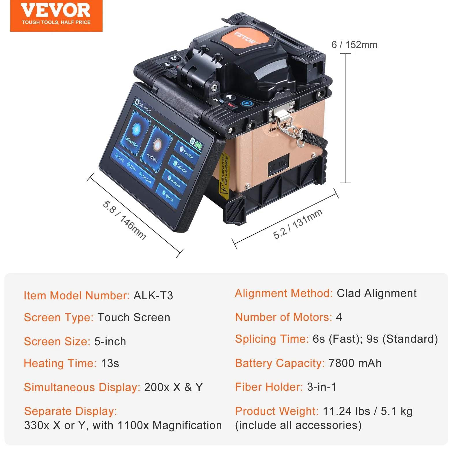 VEVOR Empalmador de Fibra Óptica 4 Motores Alineación Revestida Pantalla Táctil Batería 7800 mAh 146x131x152 mm