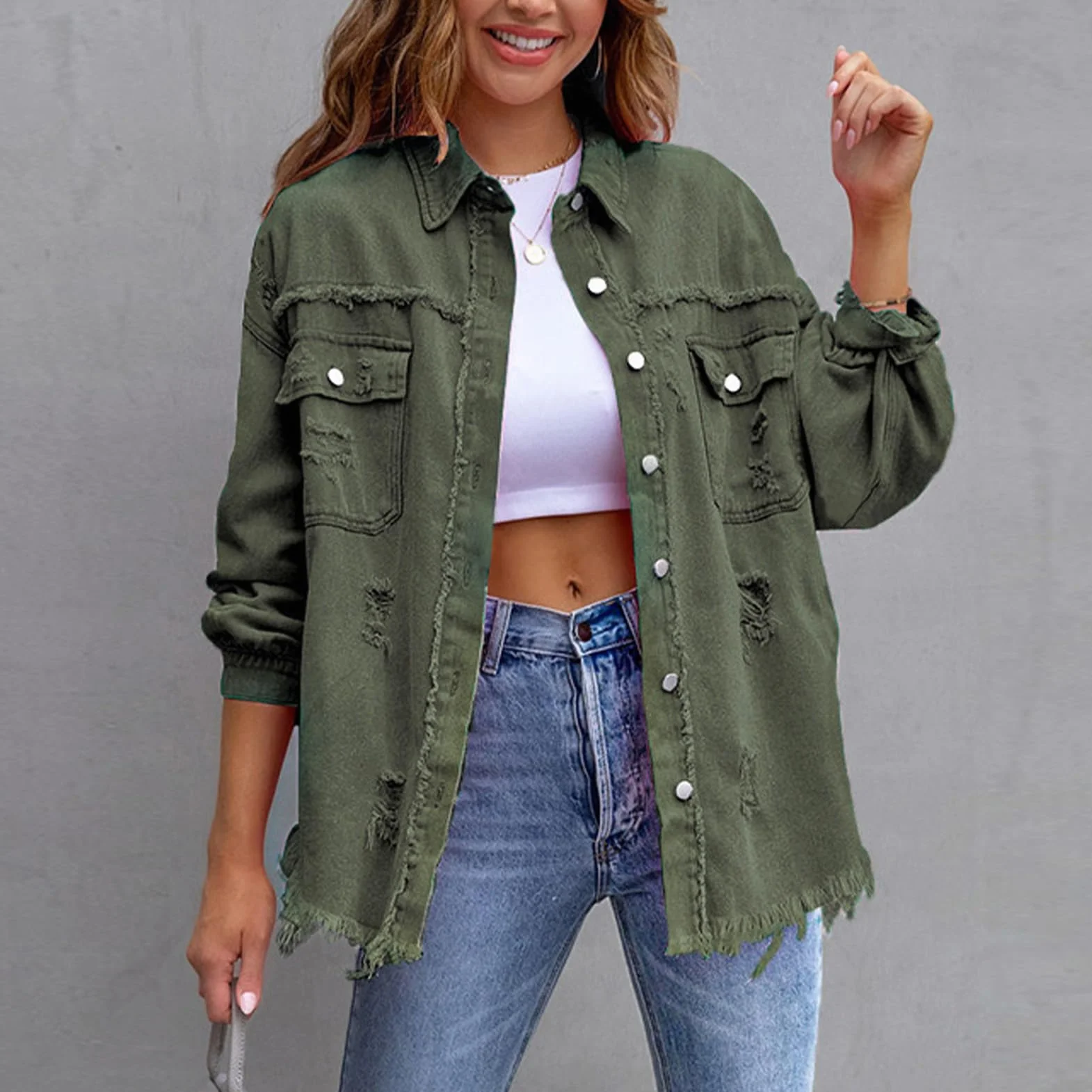 amropi Chaqueta Vaquera Mujer Blusa Ligero Bolsillos Botones Jean Jacket