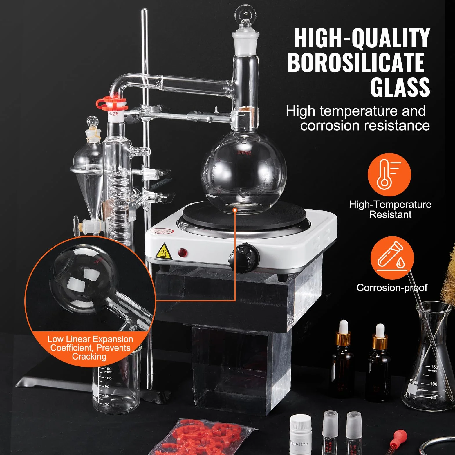 VEVOR Kit de destilación de aceite esencial de 33 piezas, 500 ml, Boro 3.3, placa calefactora 1000 W, junta 24/40