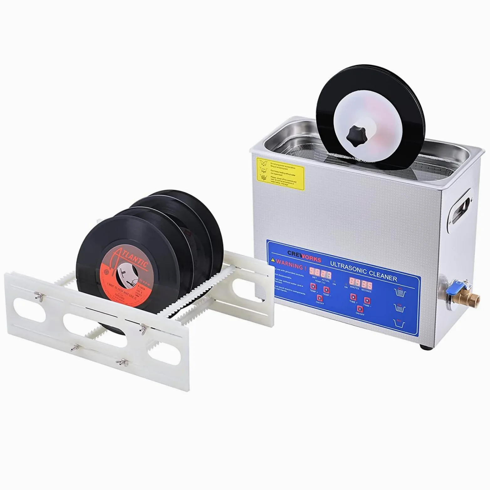 Máquina limpiadora ultrasónica de discos de acero inoxidable de 180 W para vinilo, joyas, gafas y piezas ópticas, capacidad de 6,5 L con kit de estante de secado