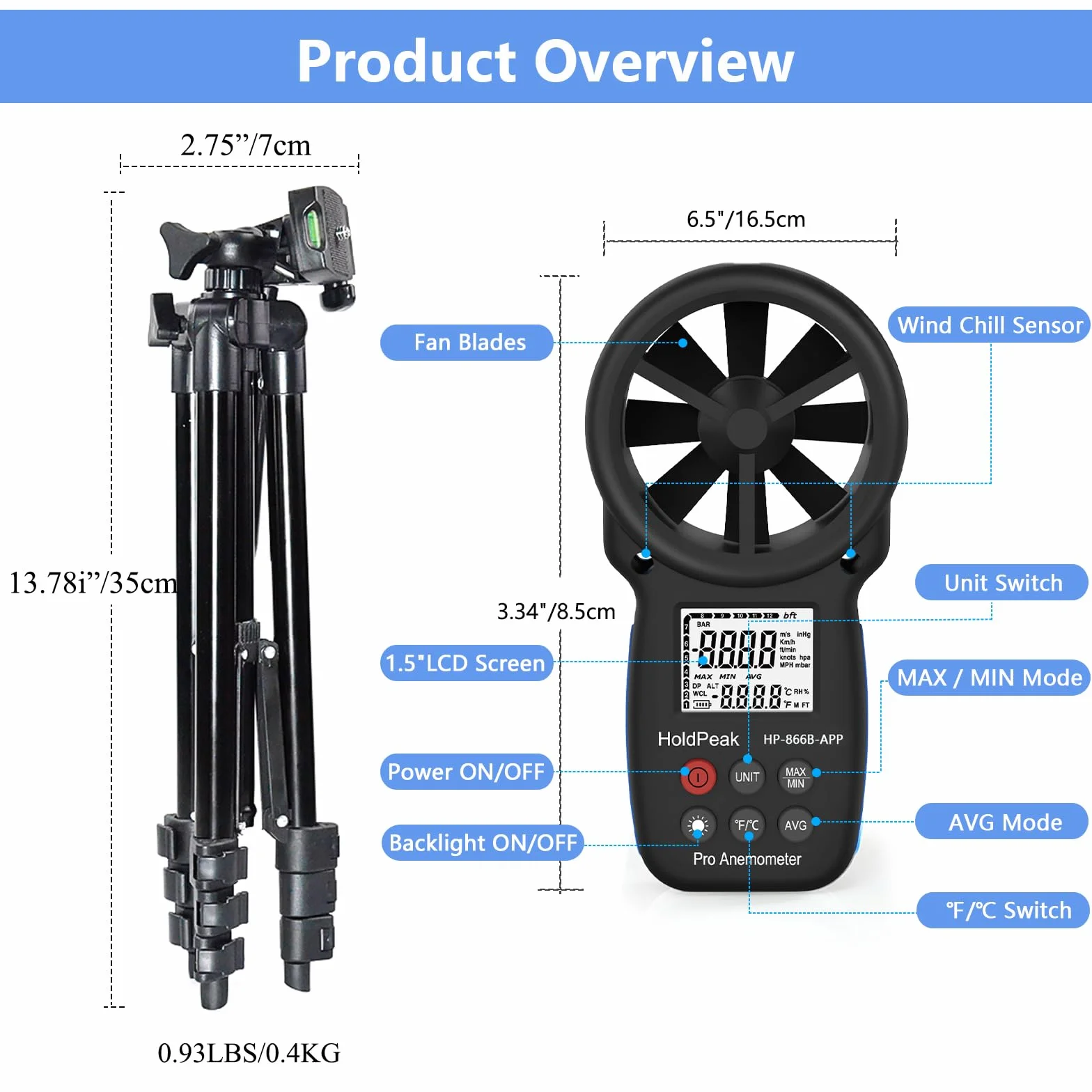 Anemómetro Digital HoldPeak 866B-APP Medidor de Velocidad Viento Bluetooth Inalámbrico Temperatura
