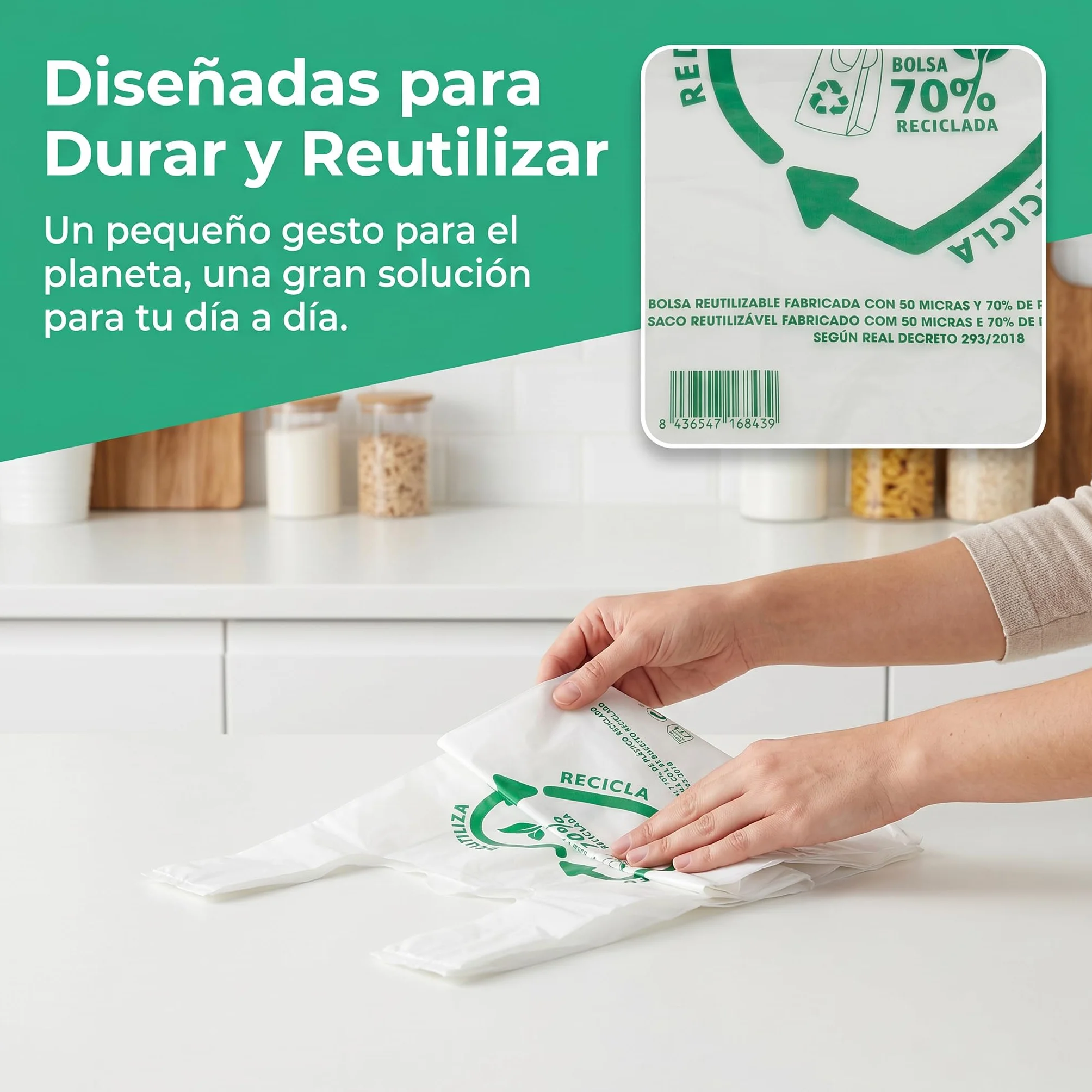 Bolsas de Plástico Asa Camiseta Blanco 50x60 cm 100 Unidades Reutilizables Resistentes 50 Micras 70% Reciclado Aptas Alimentación