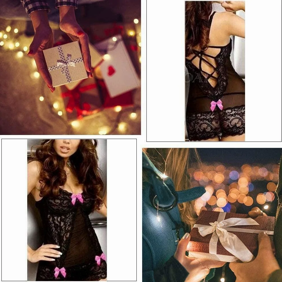 AKAZI Lencería Sexy para el día de San Valentín, lencería Sexy para Mujer, Ropa de Dormir de Malla de Encaje Negro con Nudo de Lazo, Ropa Interior de Babydoll Hueca, Mono (Rose Red L)