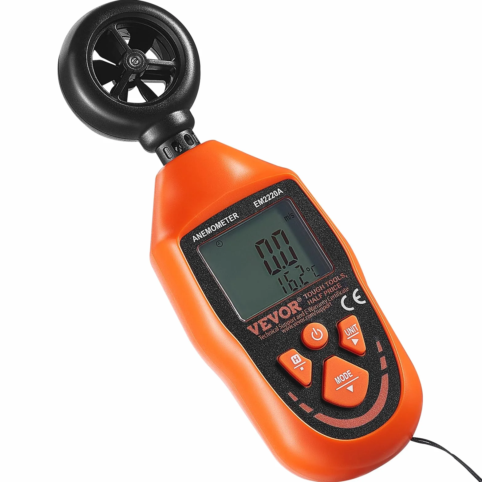 VEVOR Anemómetro Portátil Digital con Pantalla LED -10~45°C Medir Velocidad del Viento Temperatura