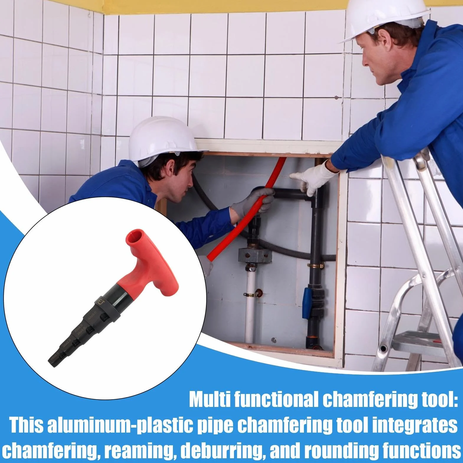 Herramienta de desbarbado y chaflán 4 en 1 para tubo de metal 15-32 mm con carraca giratoria