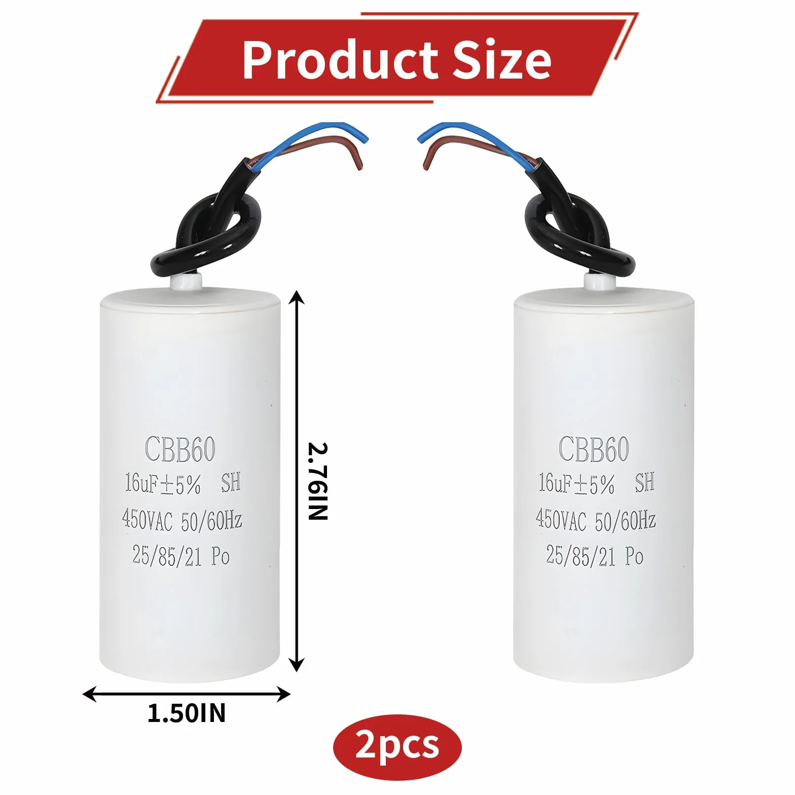 CBB60 450V 16μF Condensador Arranque Motor Monofásico 50/60Hz con Cables