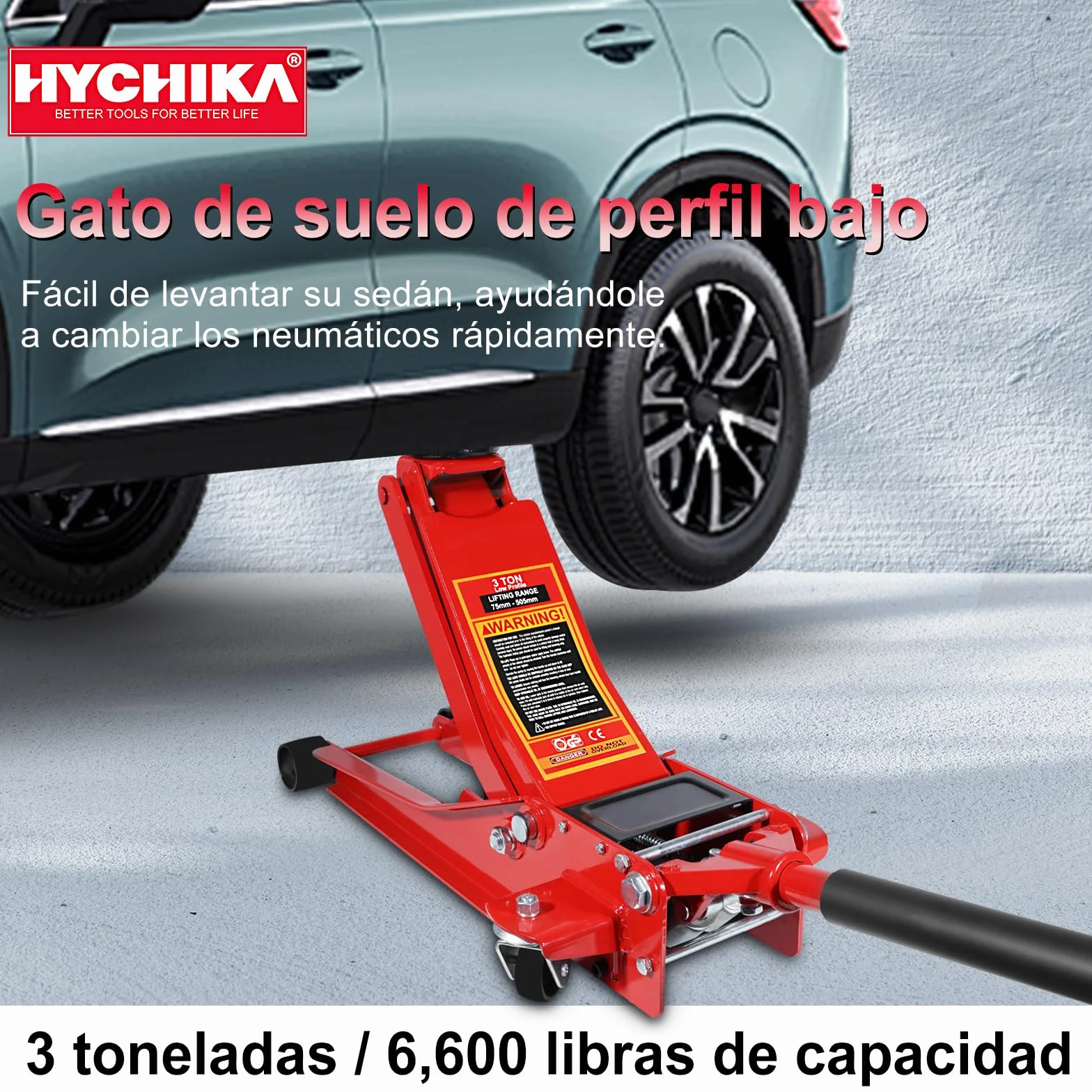 HYCHIKA Gato Hidráulico de Acero 3 Toneladas Perfil Ultra Bajo Bomba de Elevación Rápida Doble Pistón