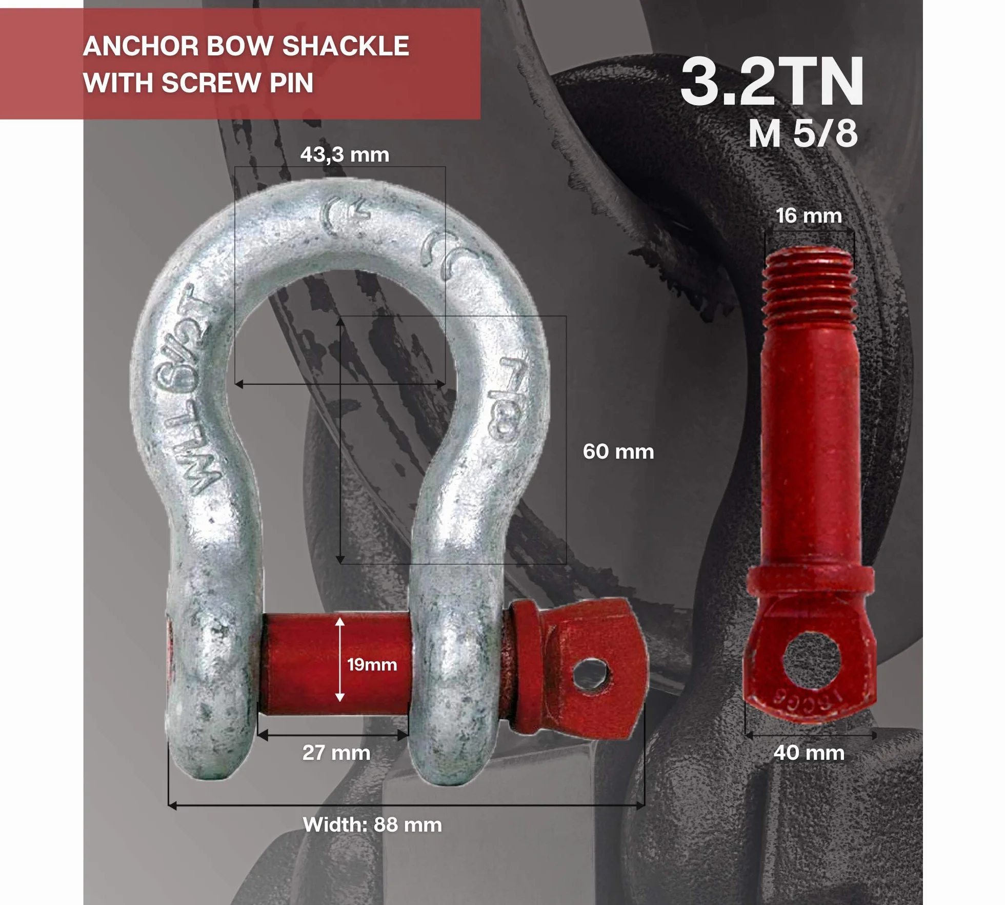 Grillete de Acero Alta Resistencia 3,2 Toneladas Pack 2 Gancho Remolque Coche Amarre Toldo y Barco