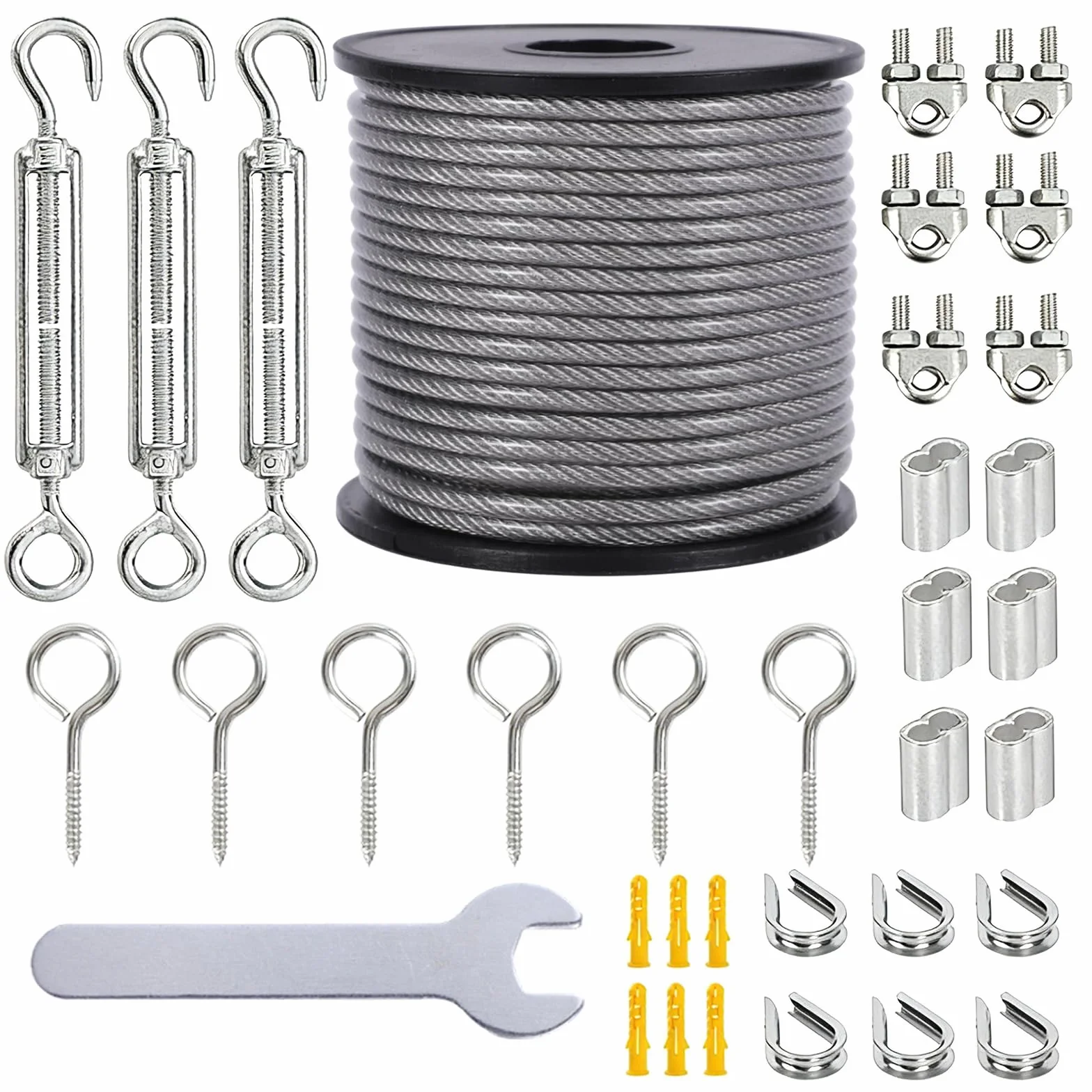 Cable de Acero Inoxidable 20 m 3 mm Tensión M5 con Ganchos de Ojal para Tendedero Exterior Plantas Trepadoras