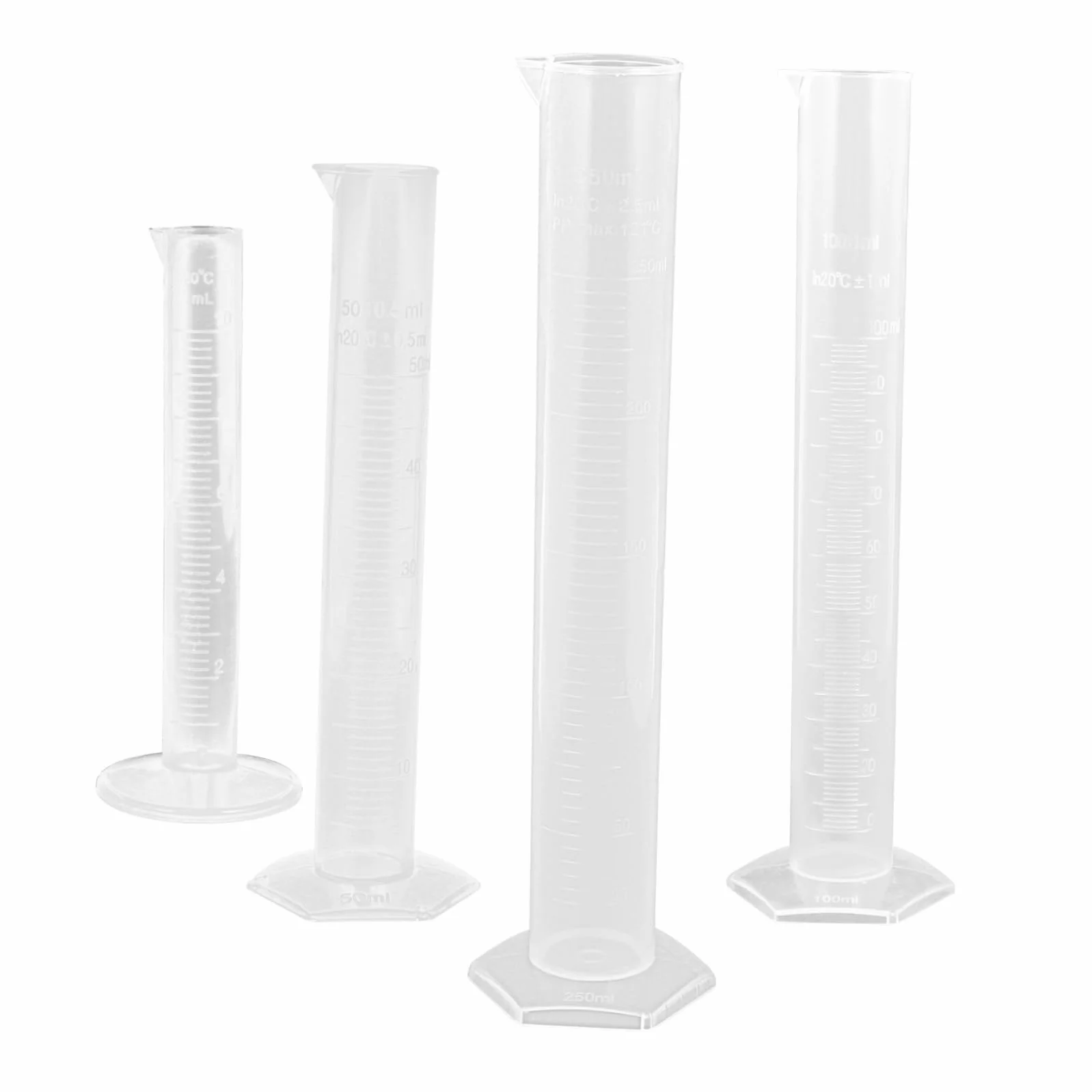 SOLUSTRE Probeta Plástico Graduada 10ml 50ml 100ml 250ml Cilindro Medidor Transparente Set 4 Piezas