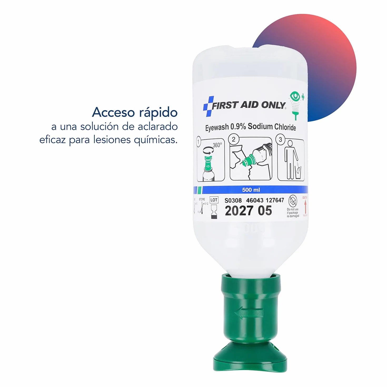 First Aid Only Botella de lavado ocular 500 ml solución cloruro sódico 0,9% Ducha ocular primeros auxilios