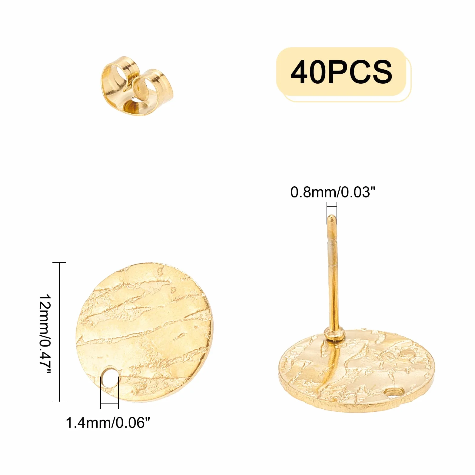 UNICRAFTALE 40 Piezas De Pendientes Con Poste De Acero Inoxidable Y Tachuelas Planas Redondas Texturizadas Doradas Con Argolla Y Agujero De 1.4mm