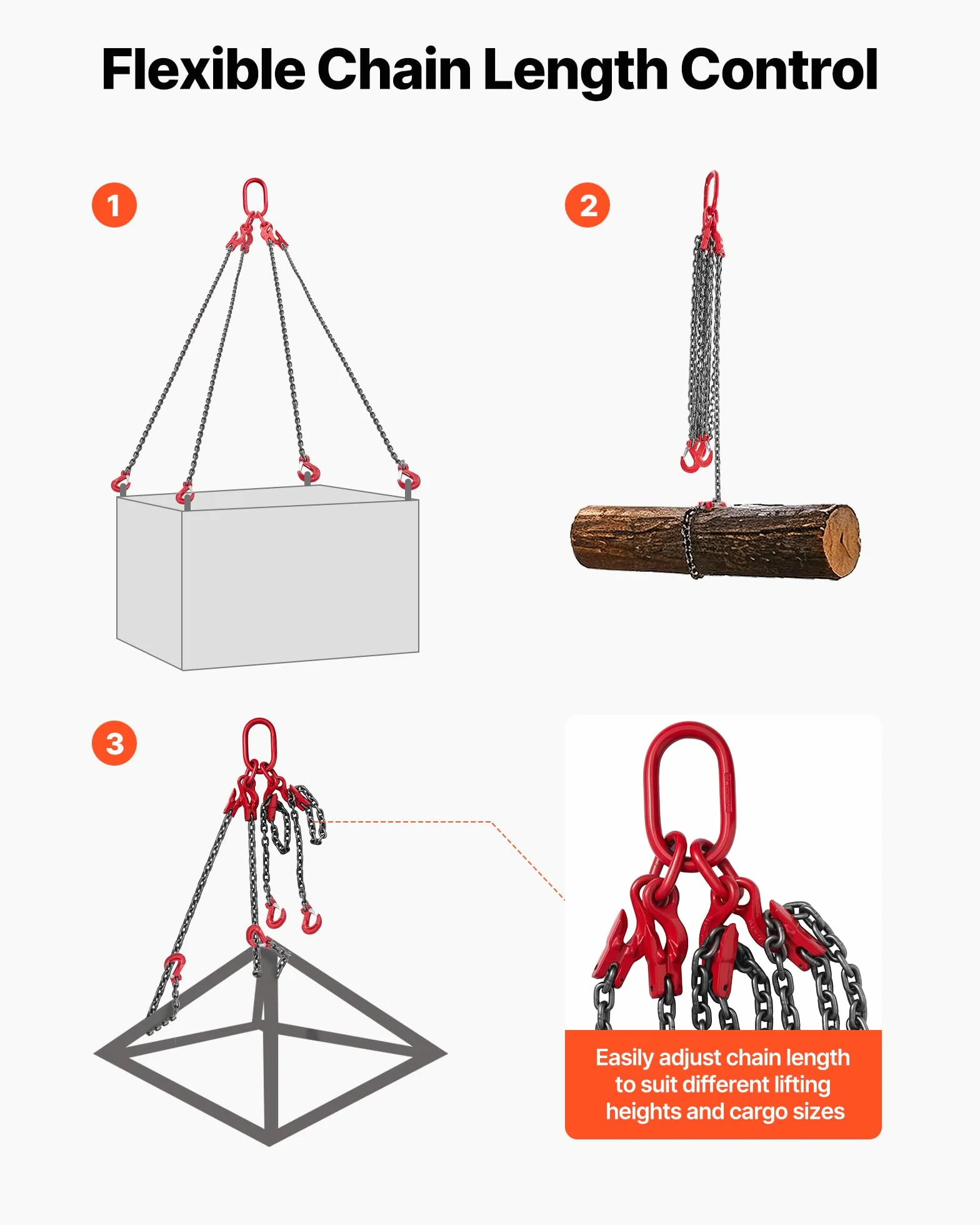 VEVOR Eslinga de Cadena de 10 mm x 3 m, 4 Ganchos, Grúa de 4 Ramales Aleación Acero G80, Carga 10,4 T, Elevación Pesada