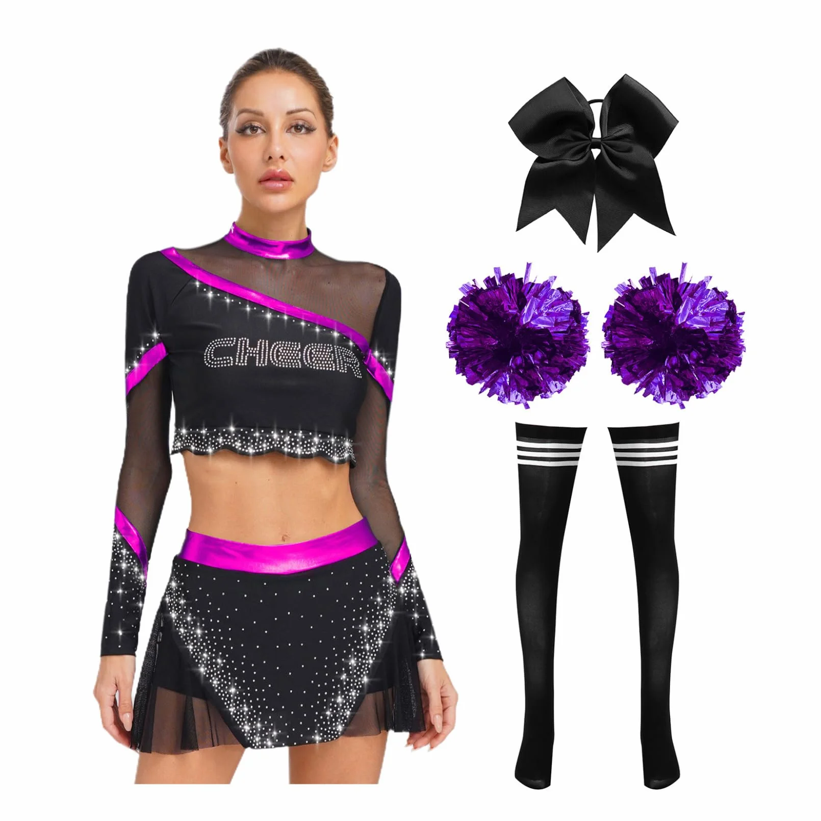 Trajes de porristas para adultos, juego de piezas de diamantes de imitación brillantes, uniforme de animadoras, tubo largo, medias de baile