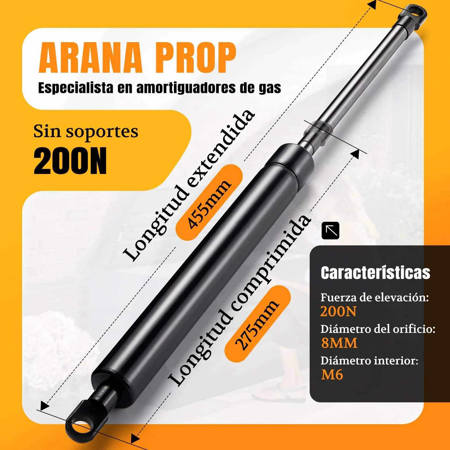 Resorte de Gas con Ojal 455MM 200N Muelle Hidráulico para Cama Abatible