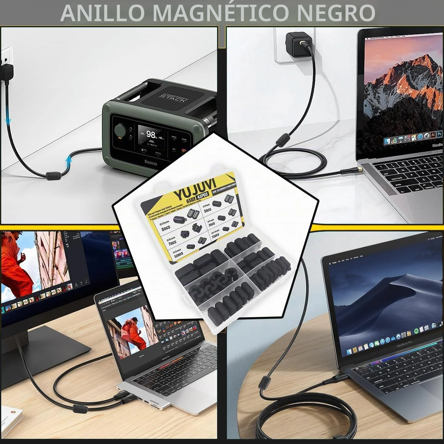 48 Piezas Núcleo de Anillo de Ferrita Supresor de Ruido RFI EMI Clip de Cable 3.5-13mm Diámetro Interior