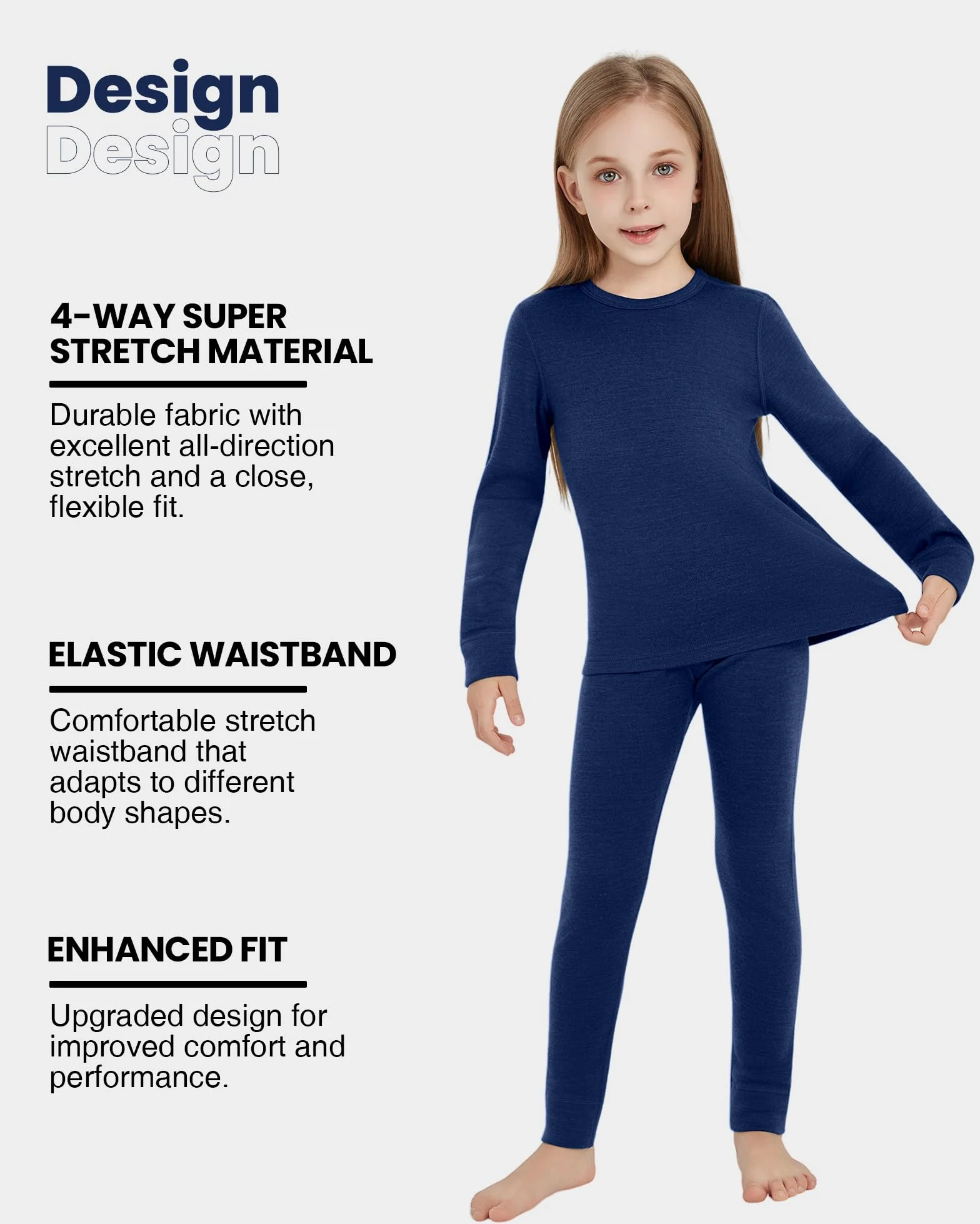 Ropa interior térmica infantil unisex, 100 % lana merino, juego para niños y niñas, ropa interior de esquí de invierno, cálida y cómoda, 260 g/m², azul marino, talla 11-12