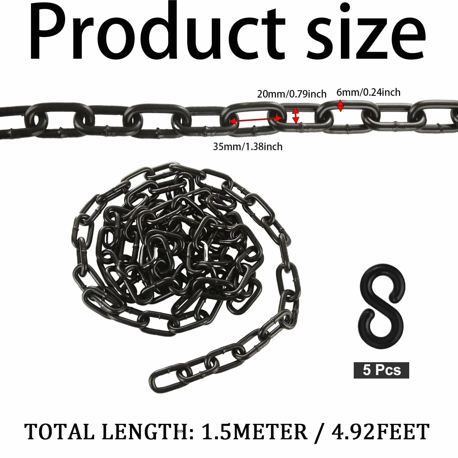 Cadena de plástico negro 1,5m 6mm con 5 ganchos S para control de multitudes