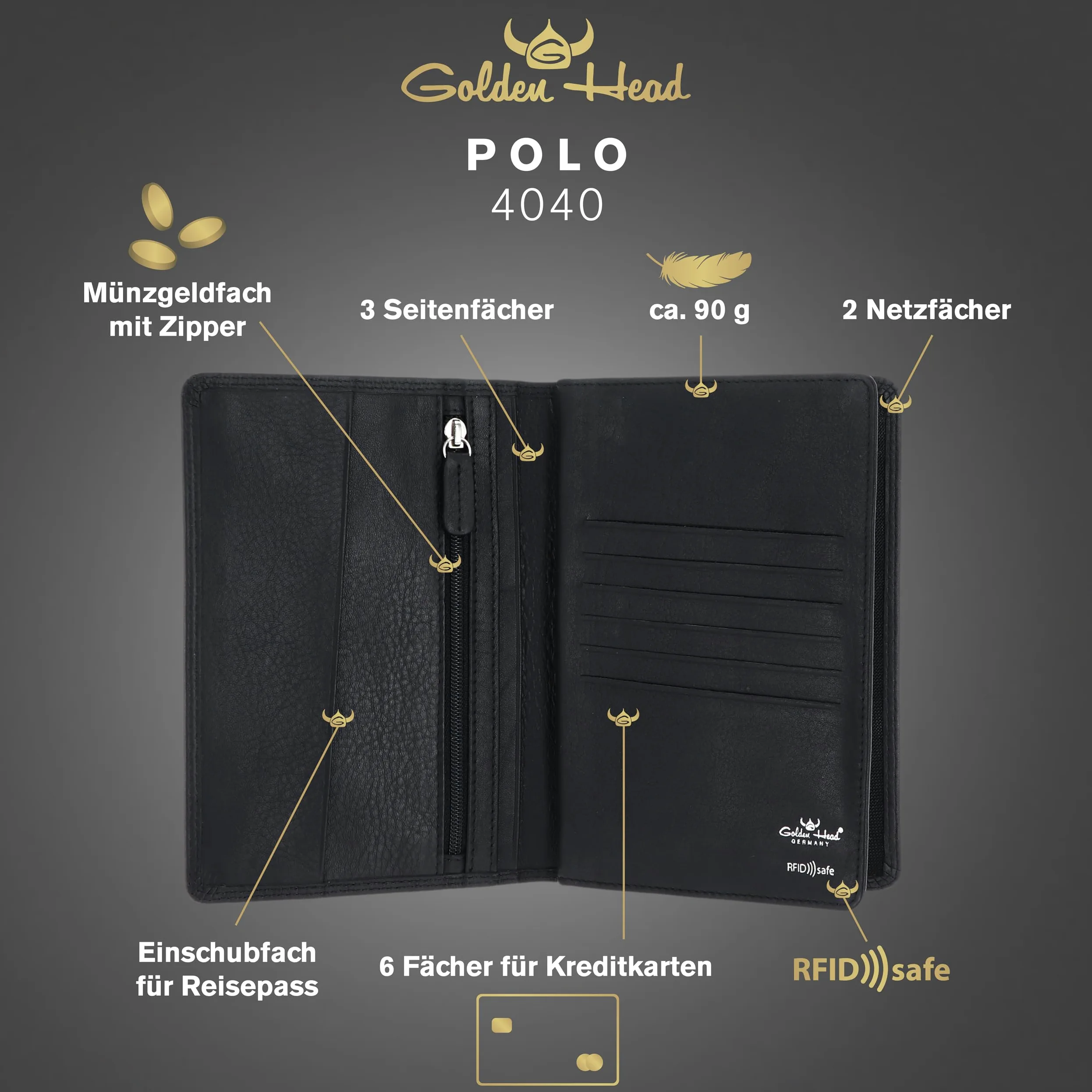 Golden Head Cuero Estuche de identificación Polo RFID Protect Brieftasche mit RV 4040 Schwarz Negro