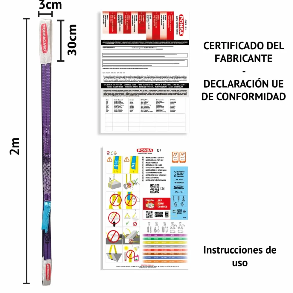 PONSA Eslinga de elevación de Bucle de Doble Capa 1.000 kg 2m 3cm PONSAGARD Pack 2 uds.