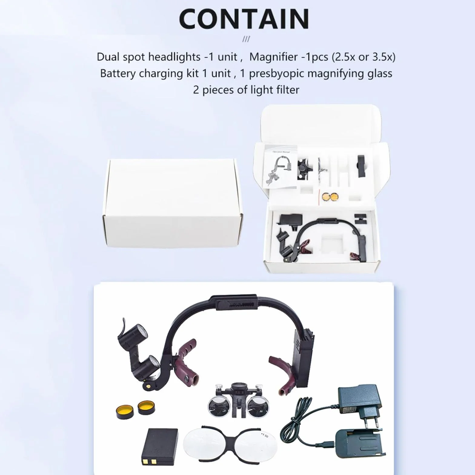 Lupa quirúrgica dental binocular con faro LED 2.5X 3.5X montada en diadema