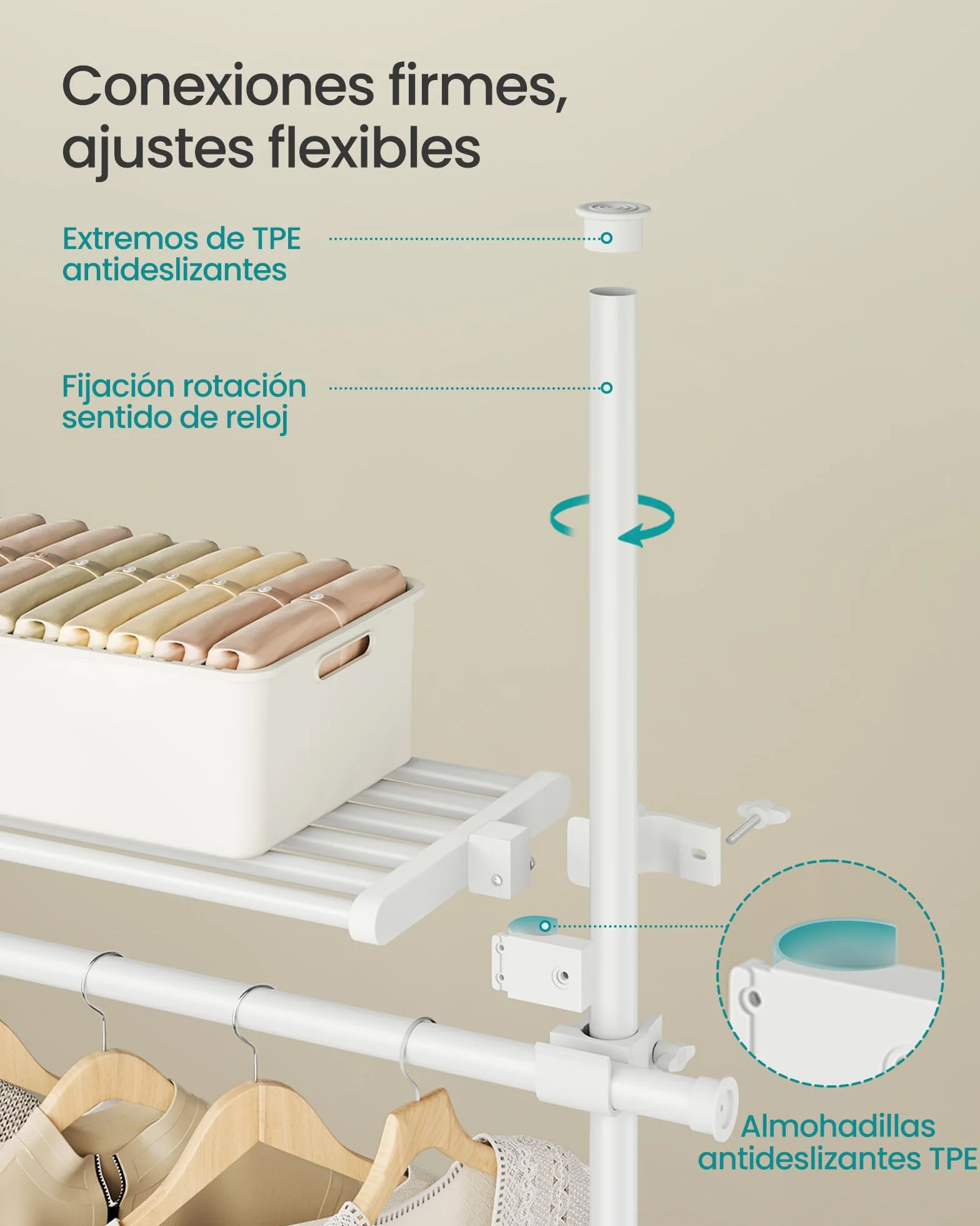 SONGMICS Perchero de piso a techo ajustable, 3 niveles, barra de ropa, organizador de armario, blanco mate
