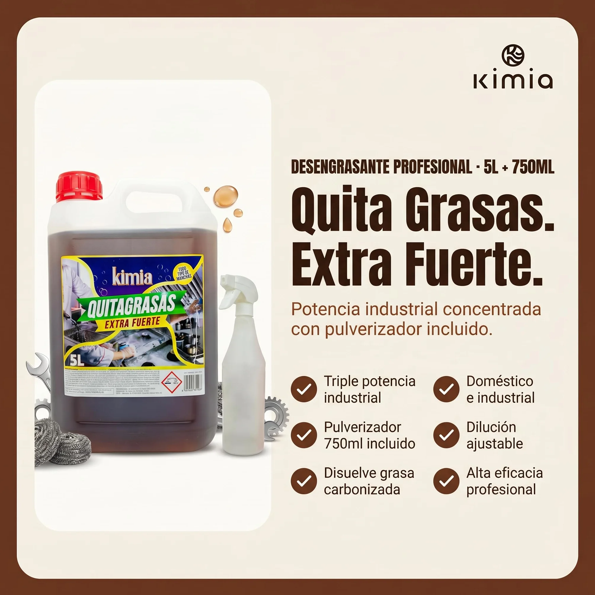 KIMIA Quita Grasas Extra Fuerte 5L + Pulverizador 750ml Desengrasante Concentrado Profesional
