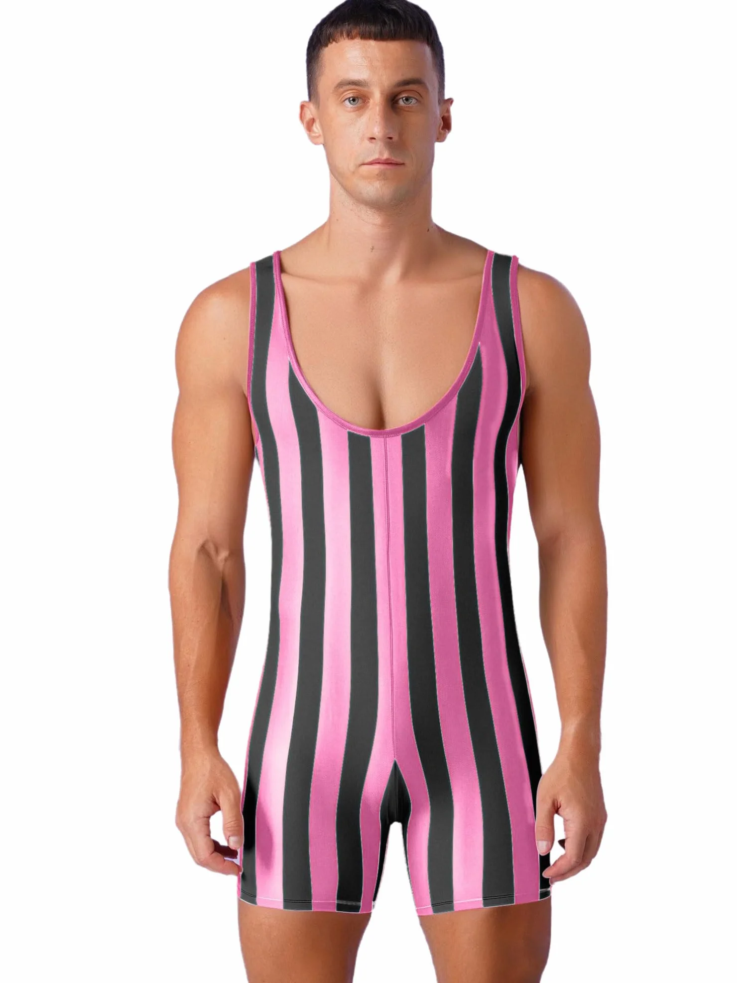 TiaoBug Mono De Lucha Rayado Para Hombres Sin Mangas Traje De Baño De Una Pieza Ropa Ajustado Para Clubes Nocturnos