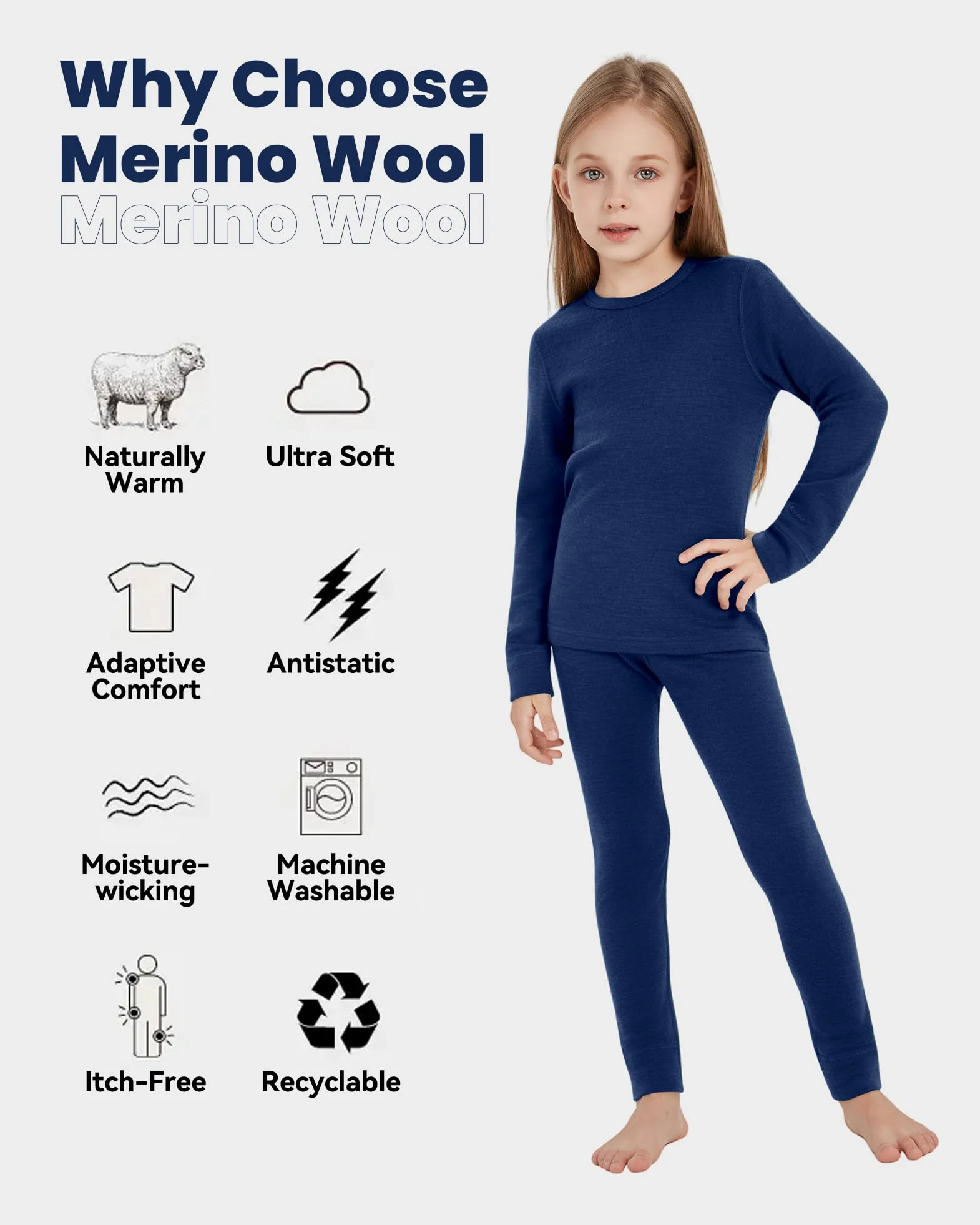 Ropa interior térmica infantil unisex, 100 % lana merino, juego para niños y niñas, ropa interior de esquí de invierno, cálida y cómoda, 260 g/m², azul marino, talla 11-12