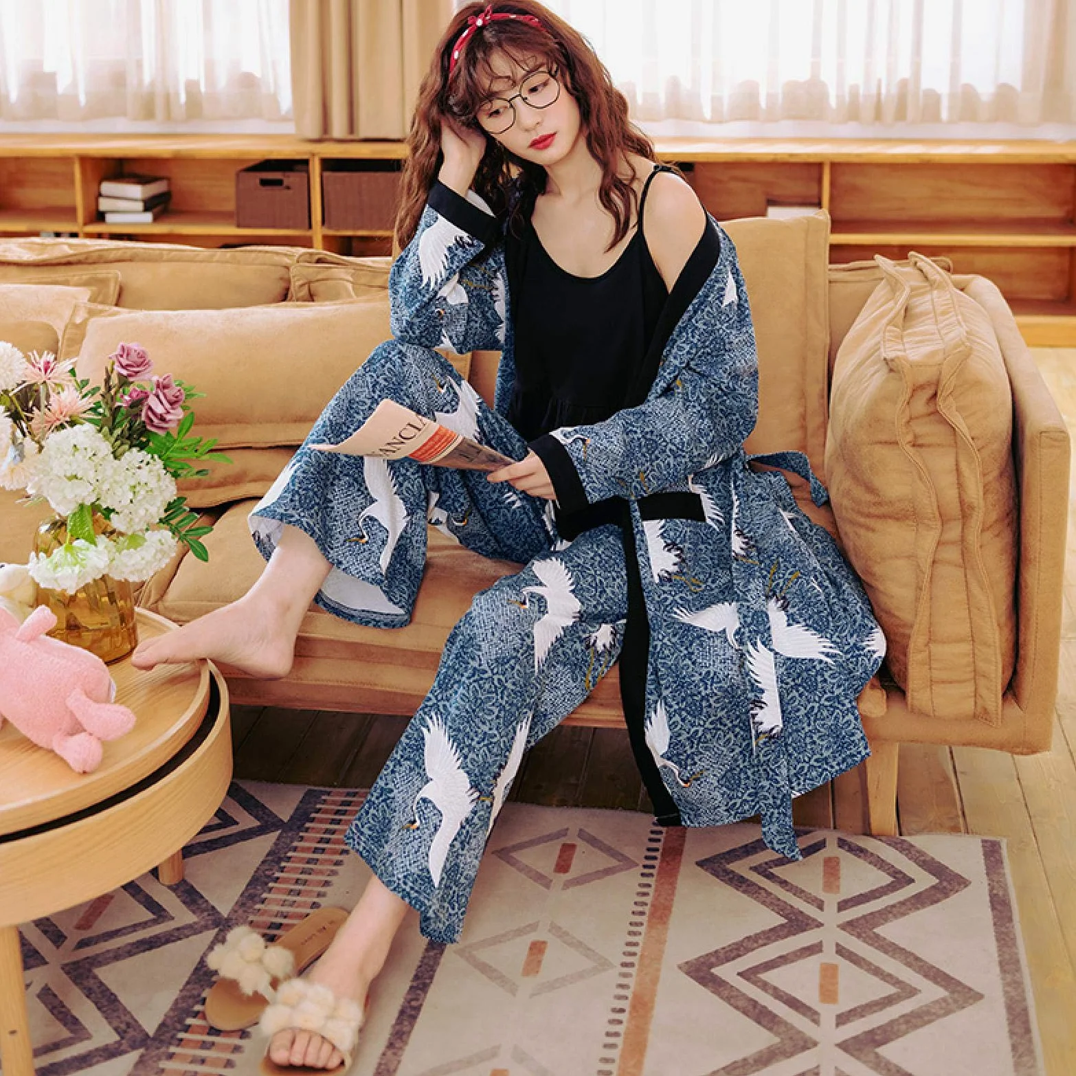 Camisón, Conjuntos de pijama de otoño e invierno para mujer Estilo japonés Kimono Pijama de algodón Mujer Tallas grandes Ropa de descanso para el hogar Batas Ropa de dormir de animales XXXL80-90KG BFY