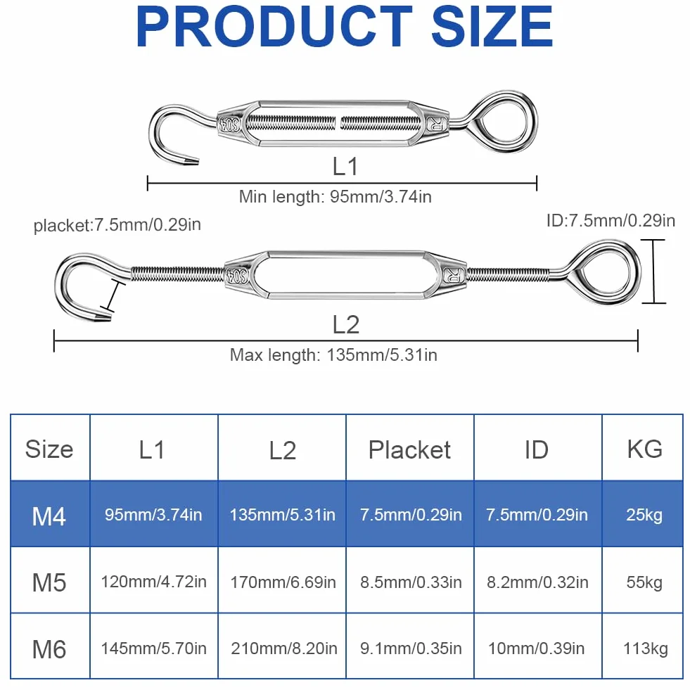 Tensores de Alambre M4 de Acero Inoxidable 304, Heavy Duty Ajustables para Cables, Toldos y Jardín - 6 Piezas