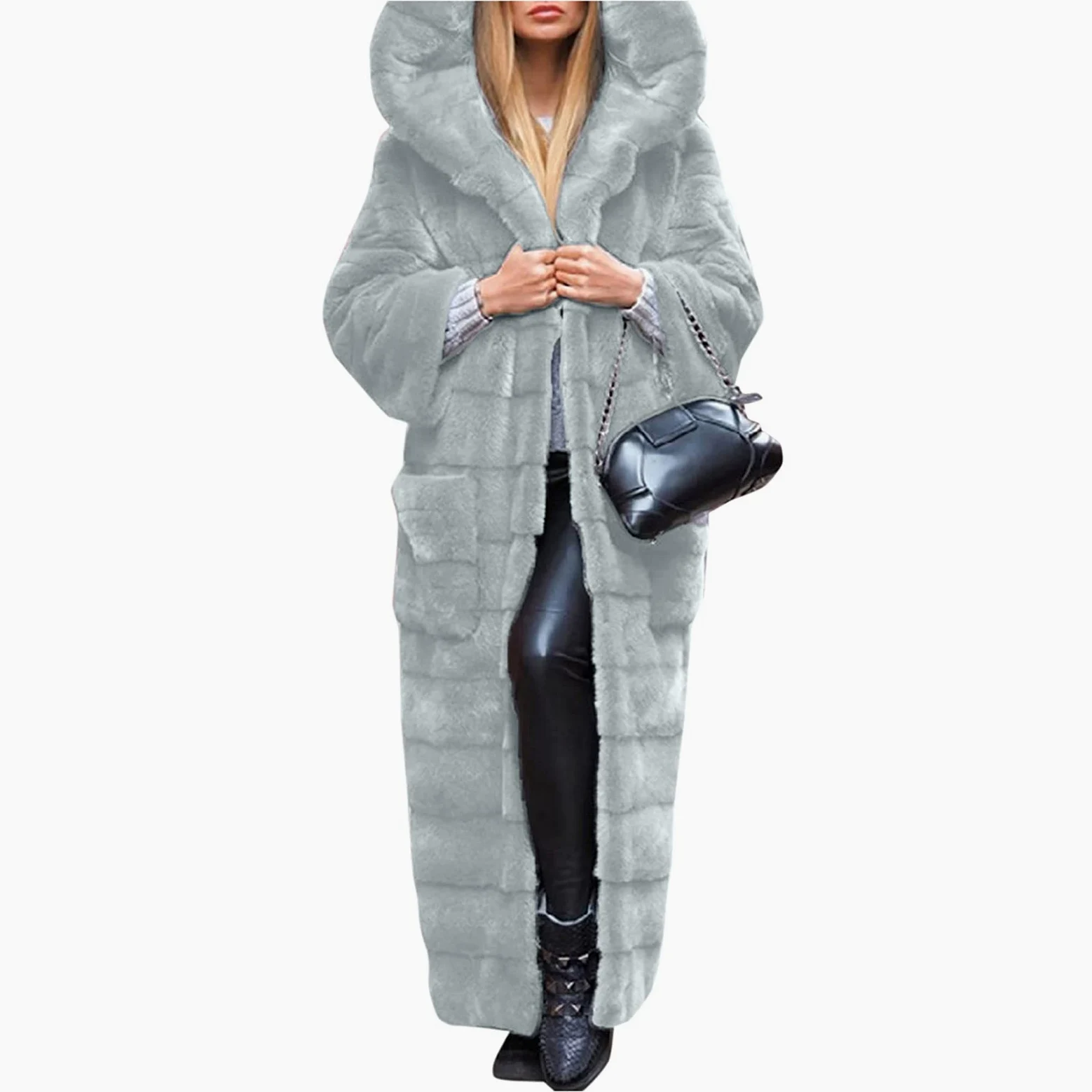 Chaqueta de piel sintética de manga larga con capucha y capucha para mujer, informal, talla grande