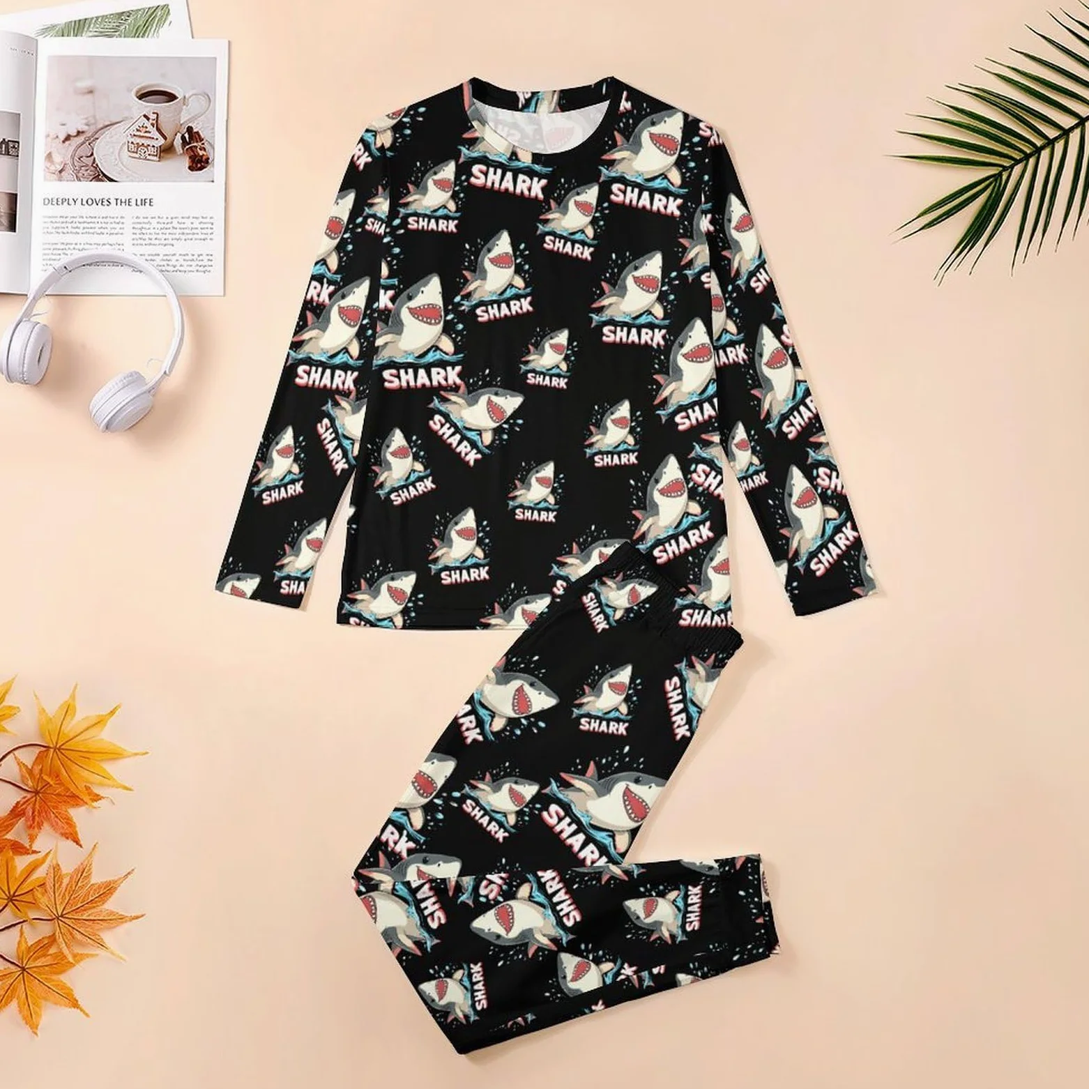 Shark - Conjunto de pijama para hombre, cuello redondo, ropa de dormir larga, 2 piezas
