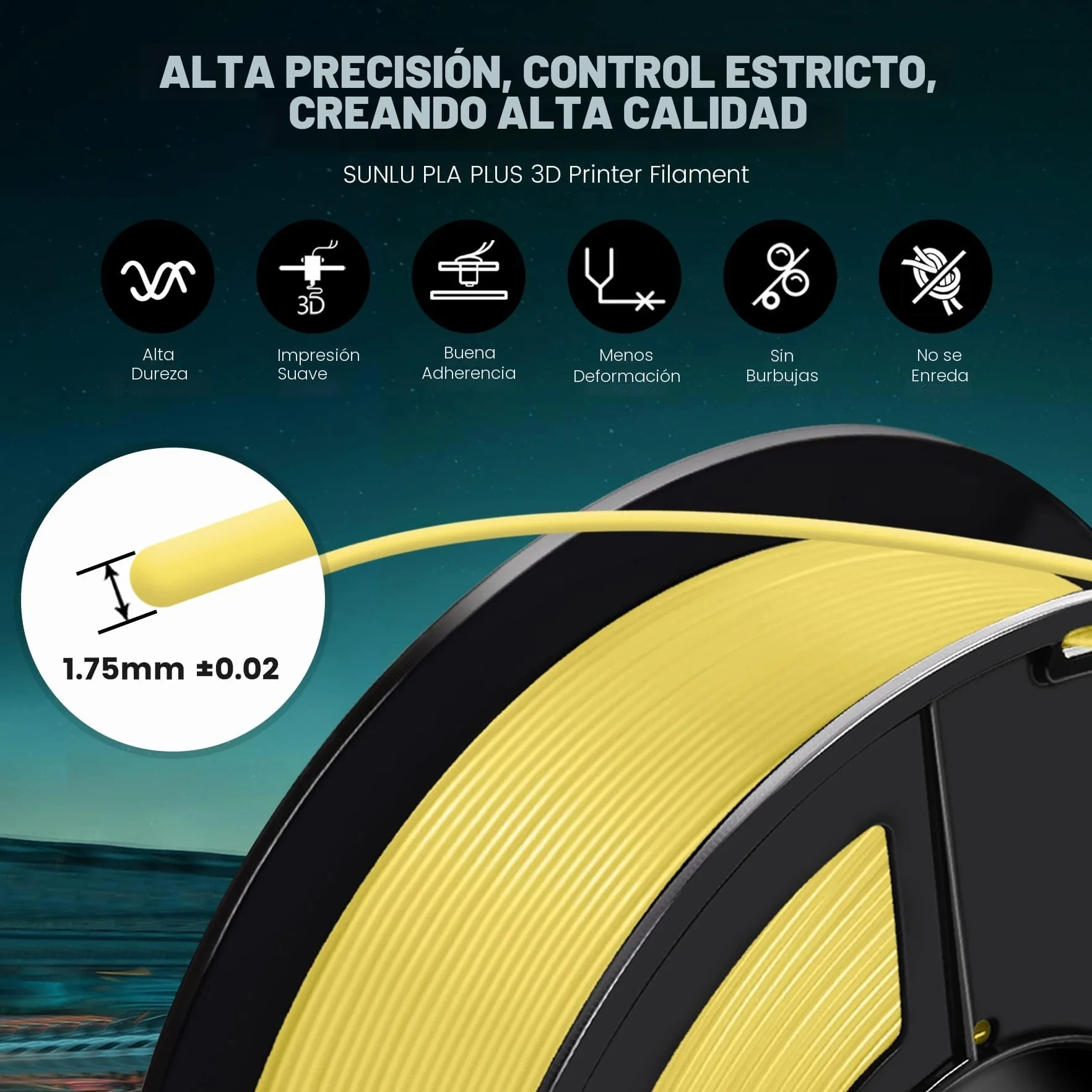 SUNLU PLA+ Filamento 1.75mm Negro 1KG para Impresoras 3D FDM