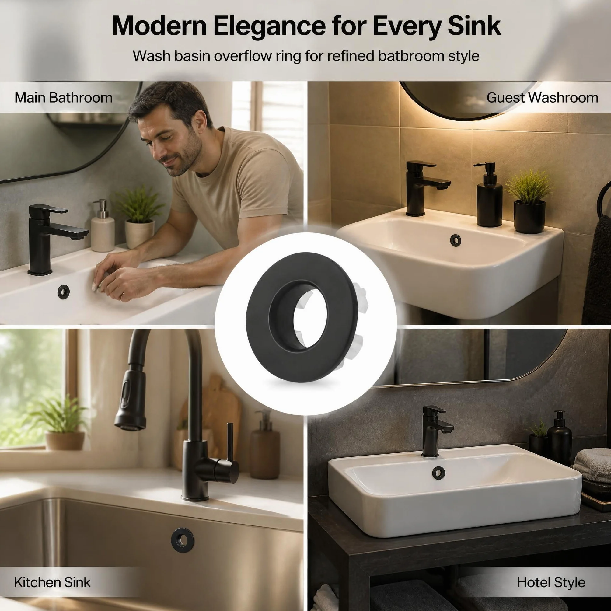 Anillo Rebosadero Lavabo Cobre Puro Negro Mate, Tapa Rebosadero Universal para Orificios 22-24mm, Lavamanos Baño y Fregadero Cocina