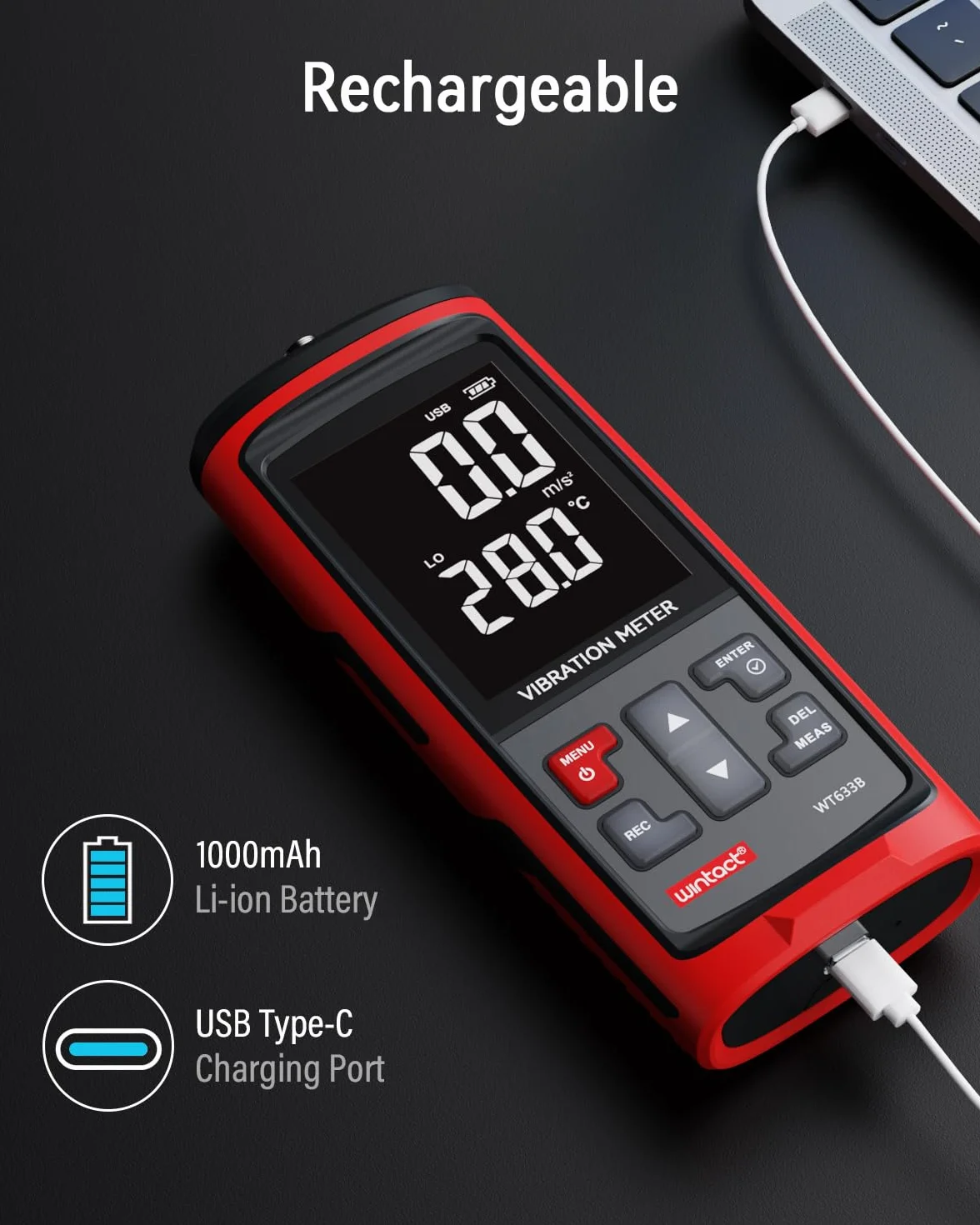 Vibrómetro Wintact WT633B, análisis de vibración mecánica, aceleración, velocidad, desplazamiento, temperatura