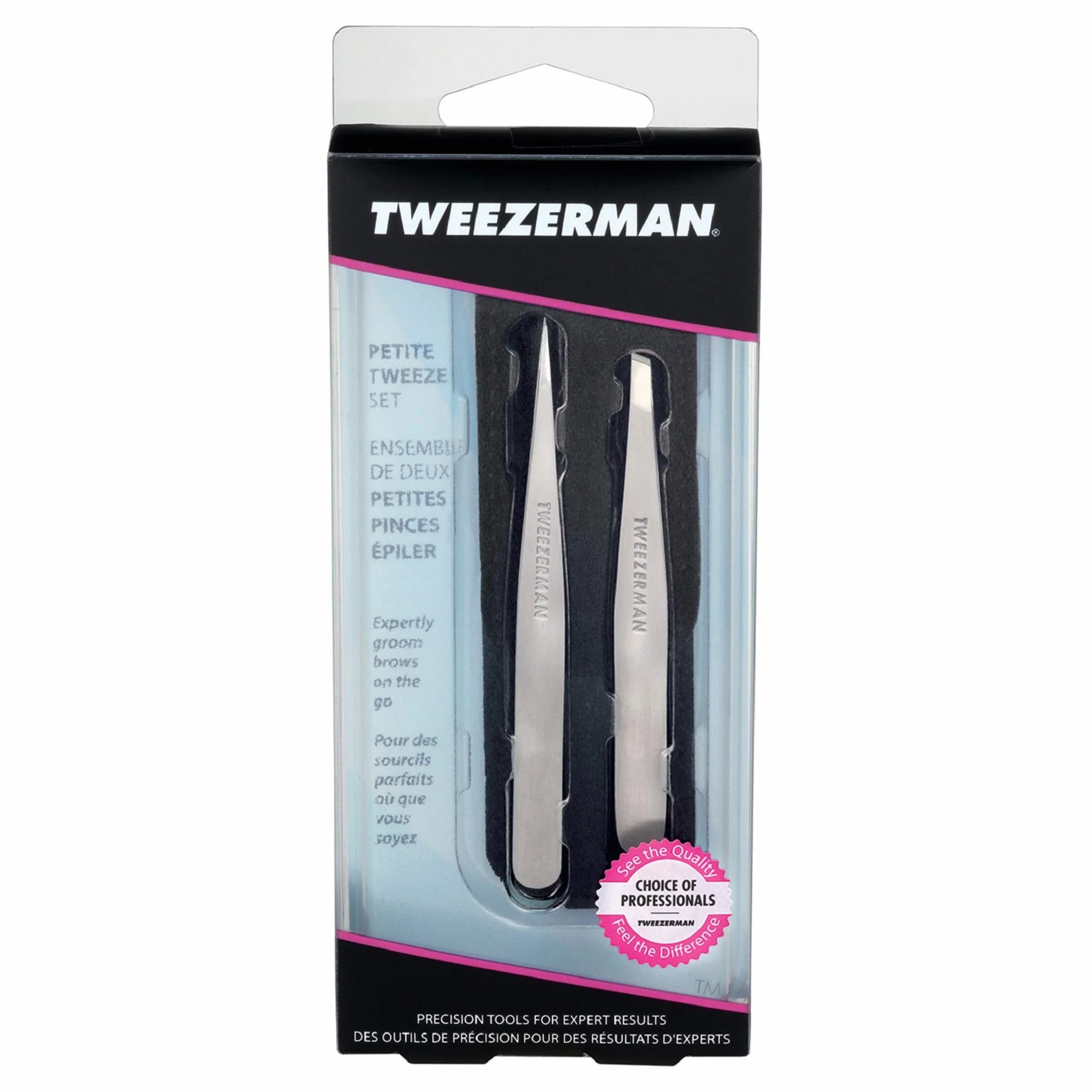 Tweezerman Juego de pinzas pequeñas con estuche de viaje, pinza puntiaguda e inclinada