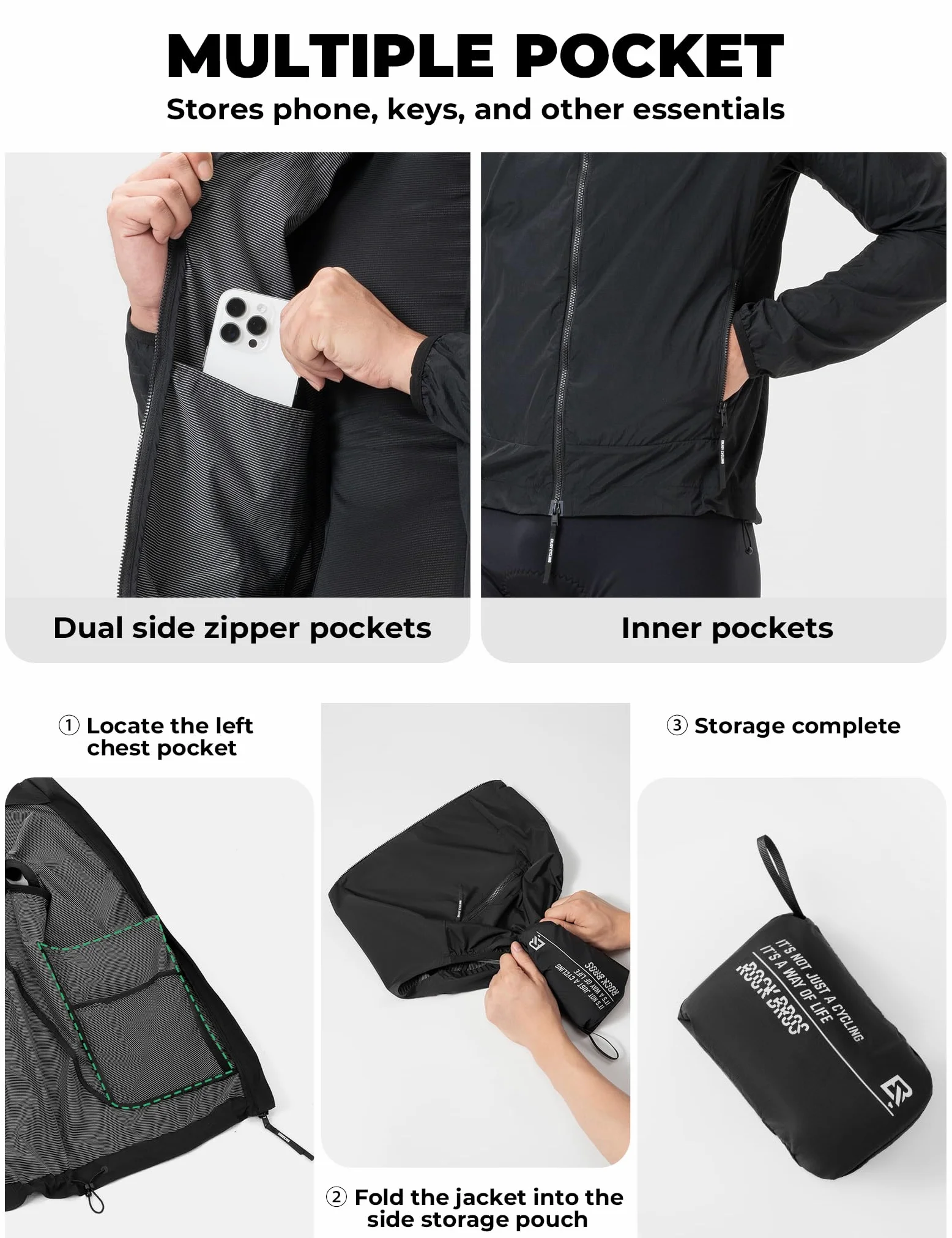 ROCKBROS Chaqueta Cortavientos para Hombre y Mujer, Ropa Deportiva Ligera Transpirable Reflectante, Plegable con Bolsillos para Ciclismo, Senderismo y Running