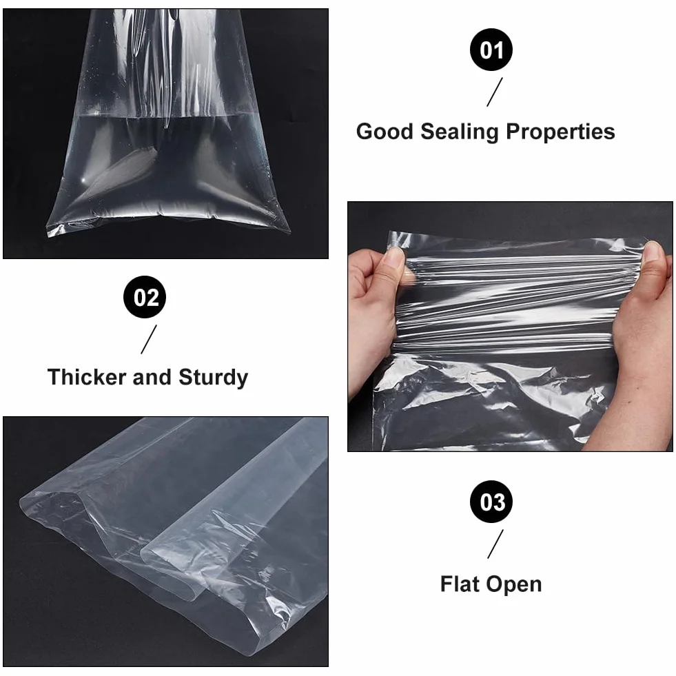PH PandaHall 60 bolsas de plástico de polietileno transparente 2 mm 7.8 x 40 pulgadas tubo tubular manga larga plana abierta para pelucas carteles palomitas
