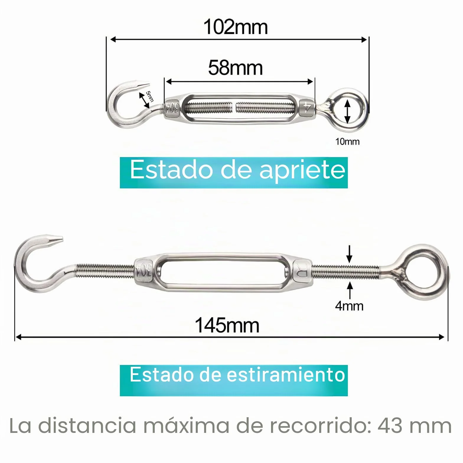 CHRORINE Tensor de Alambre Tensor M4 Gancho y Ojo 304 Acero Inoxidable Resistente 12 Piezas