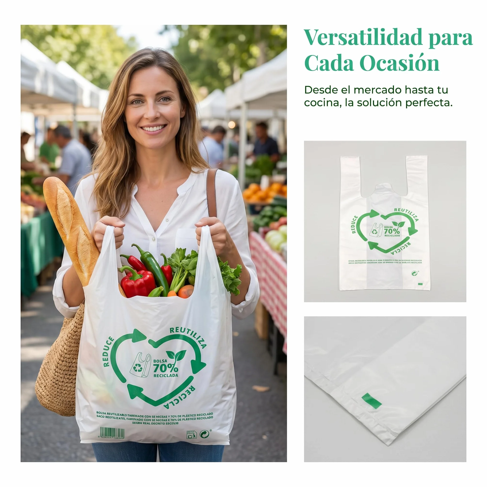 Bolsas de Plástico Asa Camiseta Blanco 50x60 cm 100 Unidades Reutilizables Resistentes 50 Micras 70% Reciclado Aptas Alimentación
