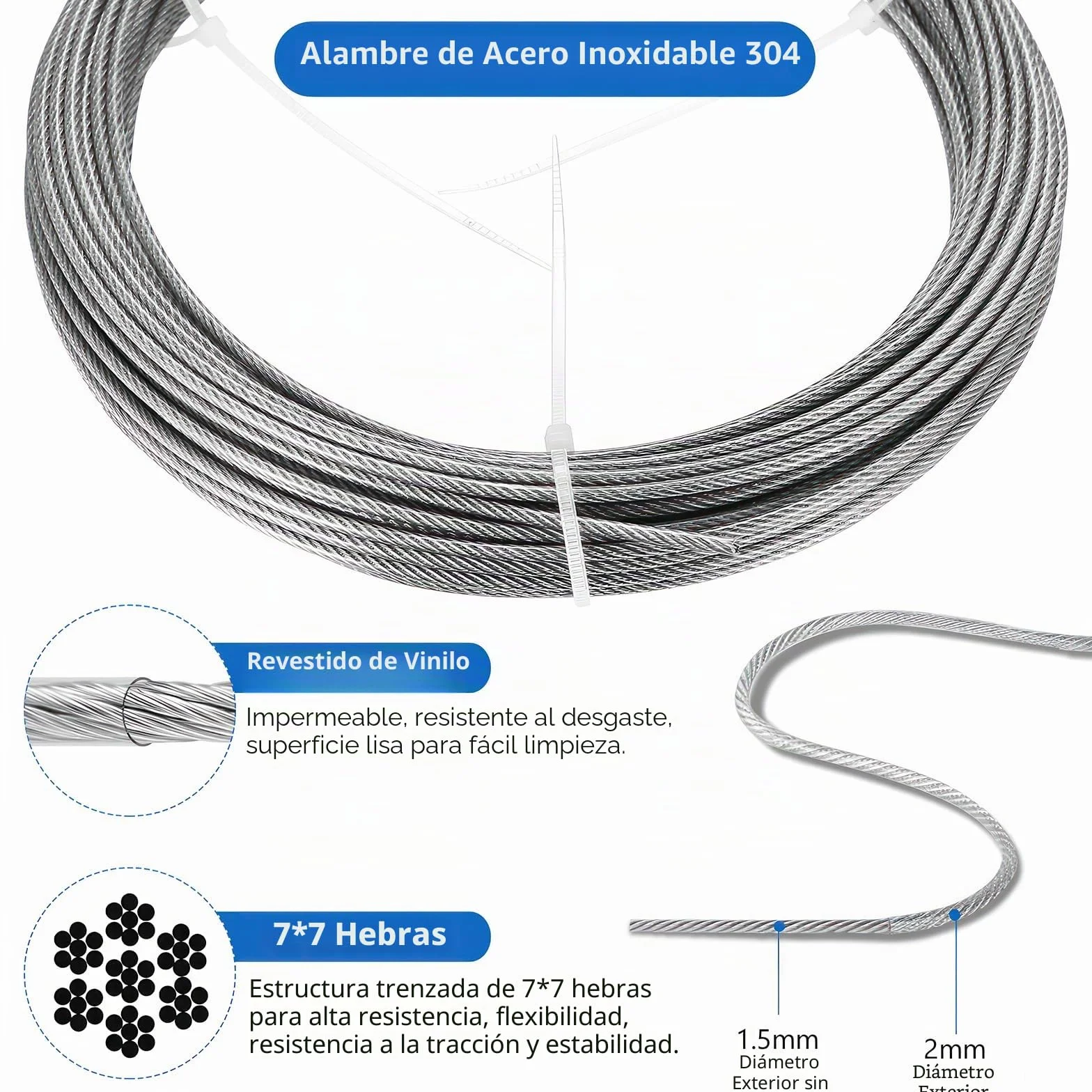 Cable de Acero Inoxidable 2mm x 15m Kit con Tensores para Jardín